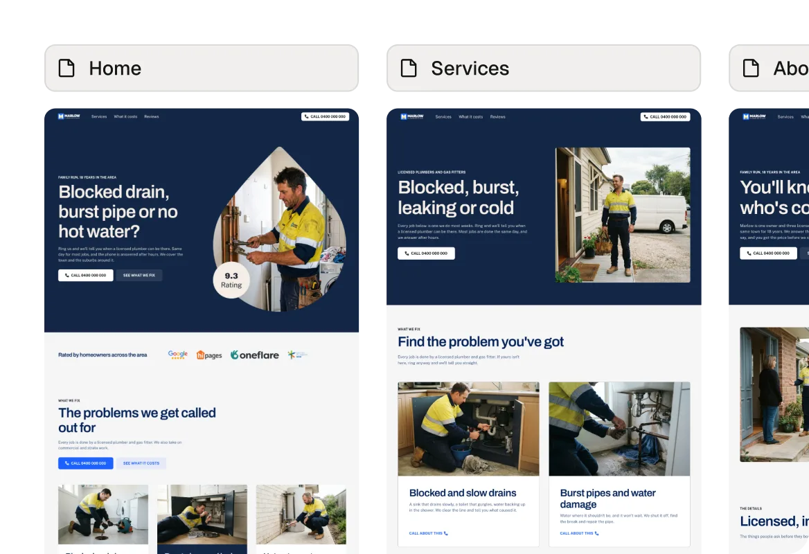 Pages of a plumbing website built with Relume: home, services and about