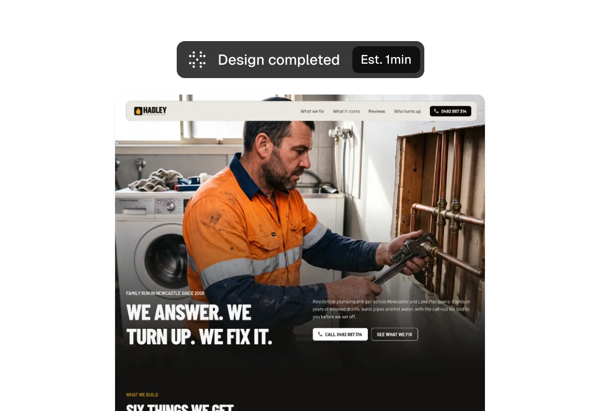 A finished plumbing website, marked design completed in about a minute