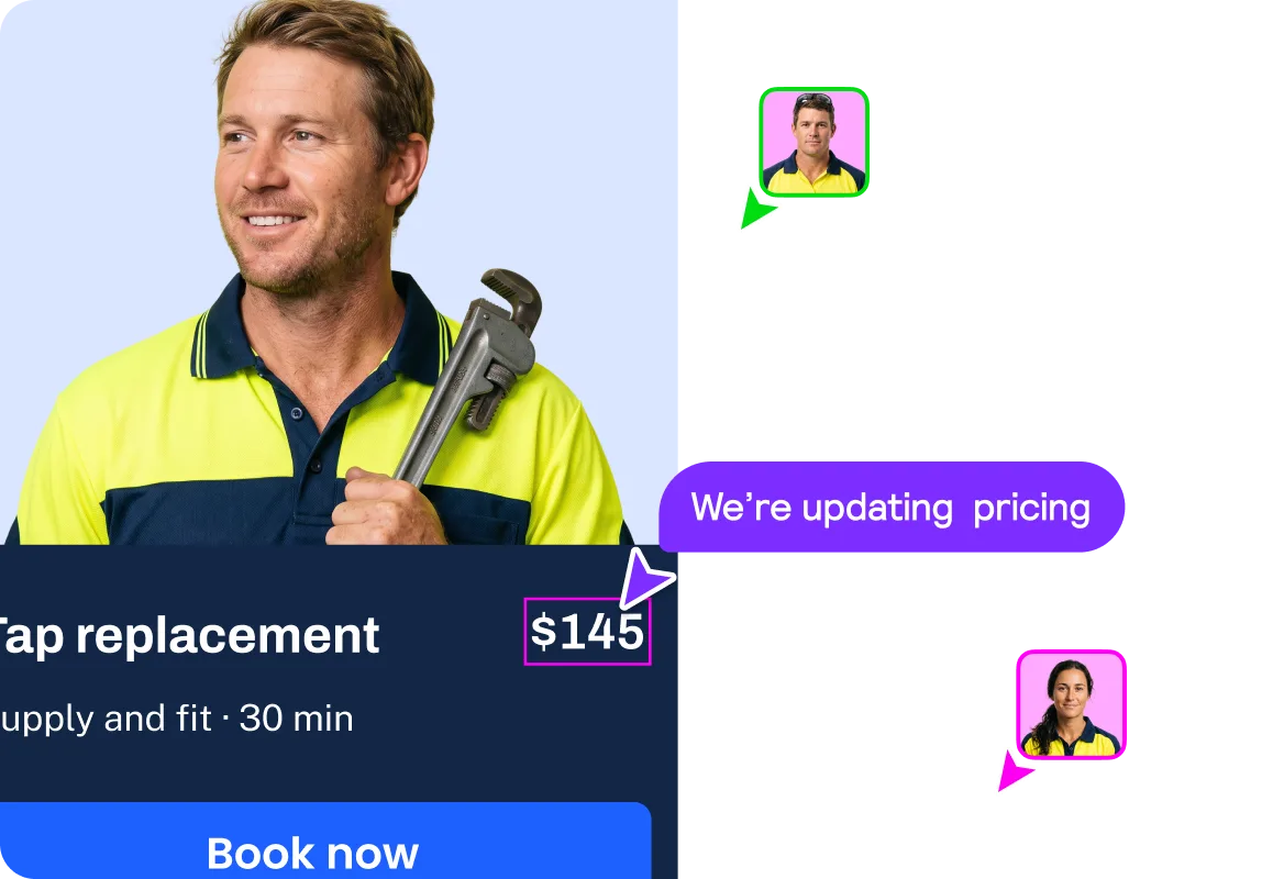 Editing a tap replacement price on a plumbing website, with a note that pricing is being updated