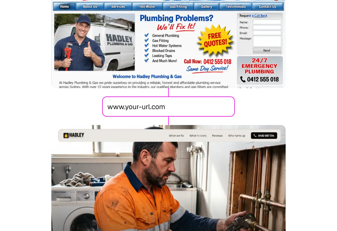 A plumbing business's existing website rebuilt with Relume, keeping its details and photos