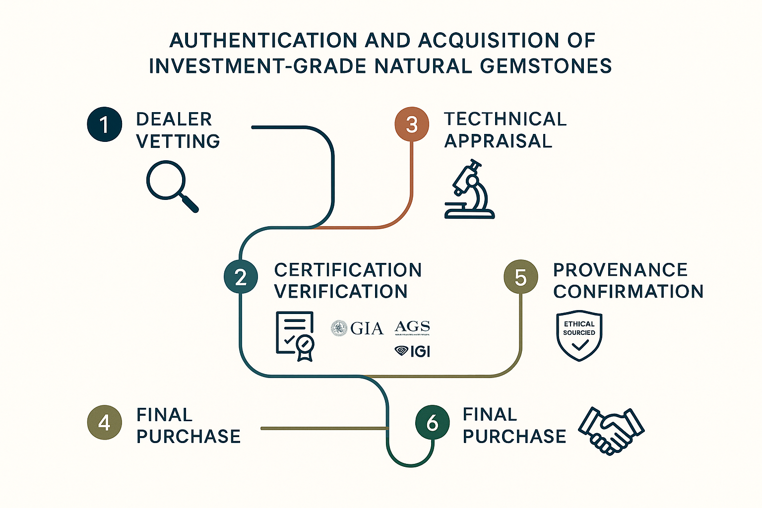 An infographic illustrating a clear, step-by-step roadmap for building a gemstone portfolio. It includes defining investment goals, capital allocation, selecting the right gemstones, and ongoing management.