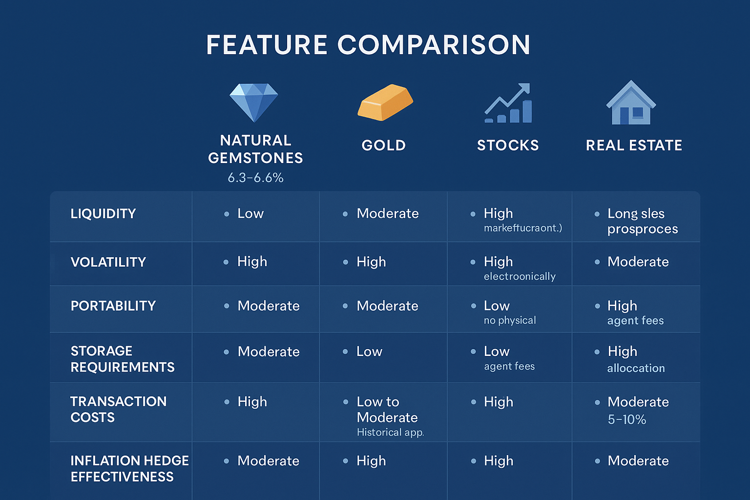 A comparison table showing how natural gemstones stack up against other investment assets like gold, stocks, and real estate across various factors including liquidity, volatility, portability, storage, transaction costs, and ease of entry/exit.