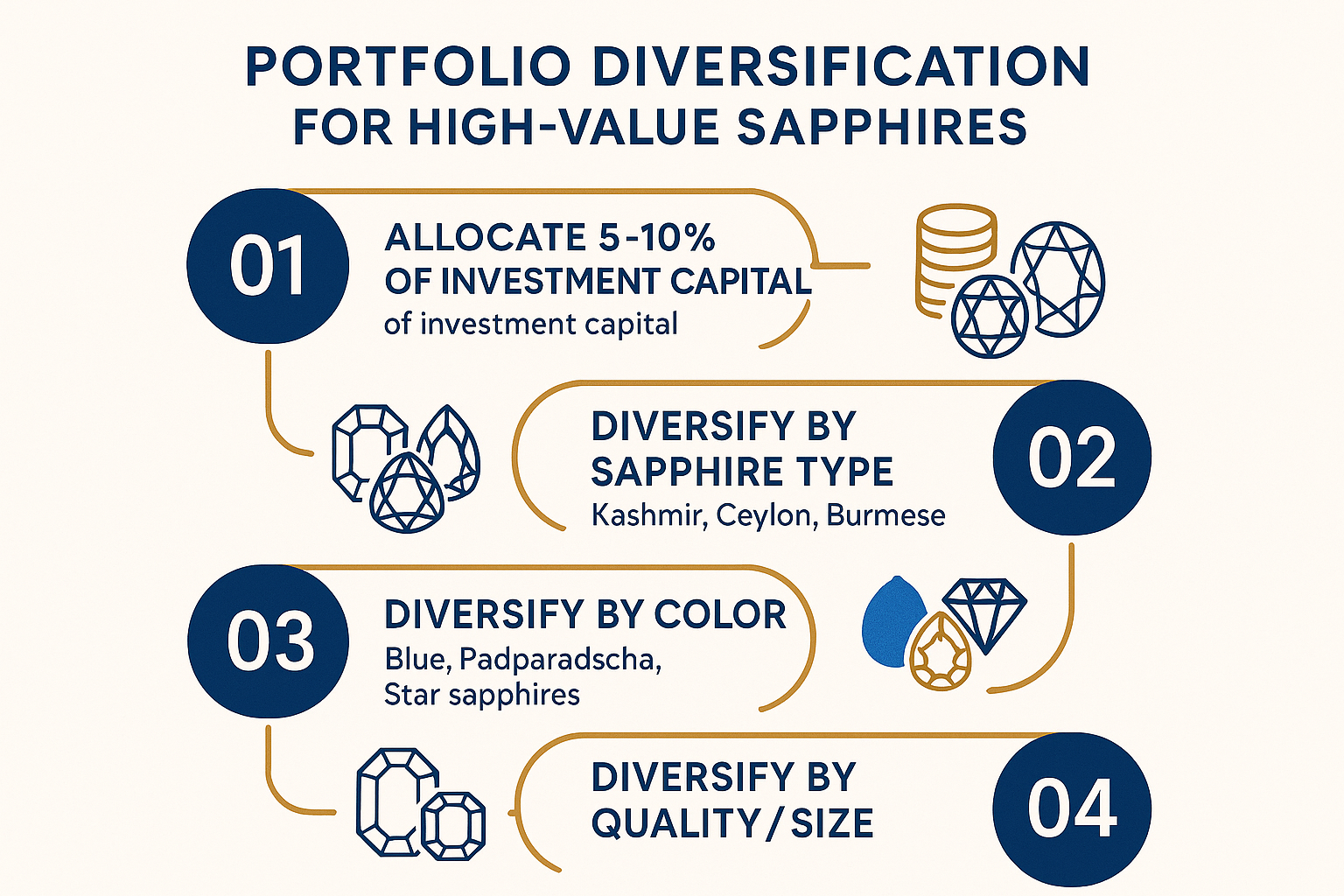 An infographic showcasing different diversification strategies for a sapphire portfolio, such as diversifying by color (blue, Padparadscha, yellow), by origin (Ceylon, Burmese), and by type (single stones, matched pairs).
