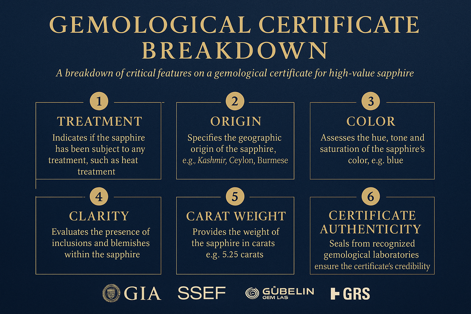 An image of a gemological certification report with callouts highlighting the key sections an investor should scrutinize, such as origin, treatments, and carat weight.