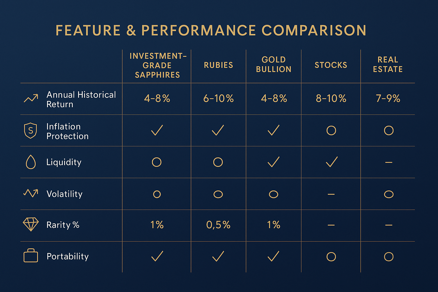 Vergleich der wichtigsten Anlageklassen: Saphire bieten attraktive Renditen bei hoher Wertstabilität und Portabilität – eine ideale Ergänzung zu Gold und anderen Assets.