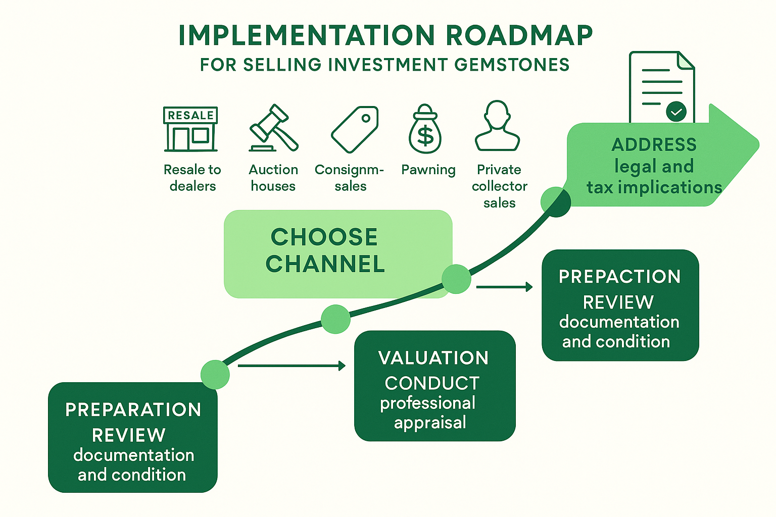 Flussdiagramm der Exit-Strategien für Investment-Edelsteine – eine visuelle Anleitung von Verkaufskanalwahl bis zur rechtlichen Umsetzung für sichere Liquidation.