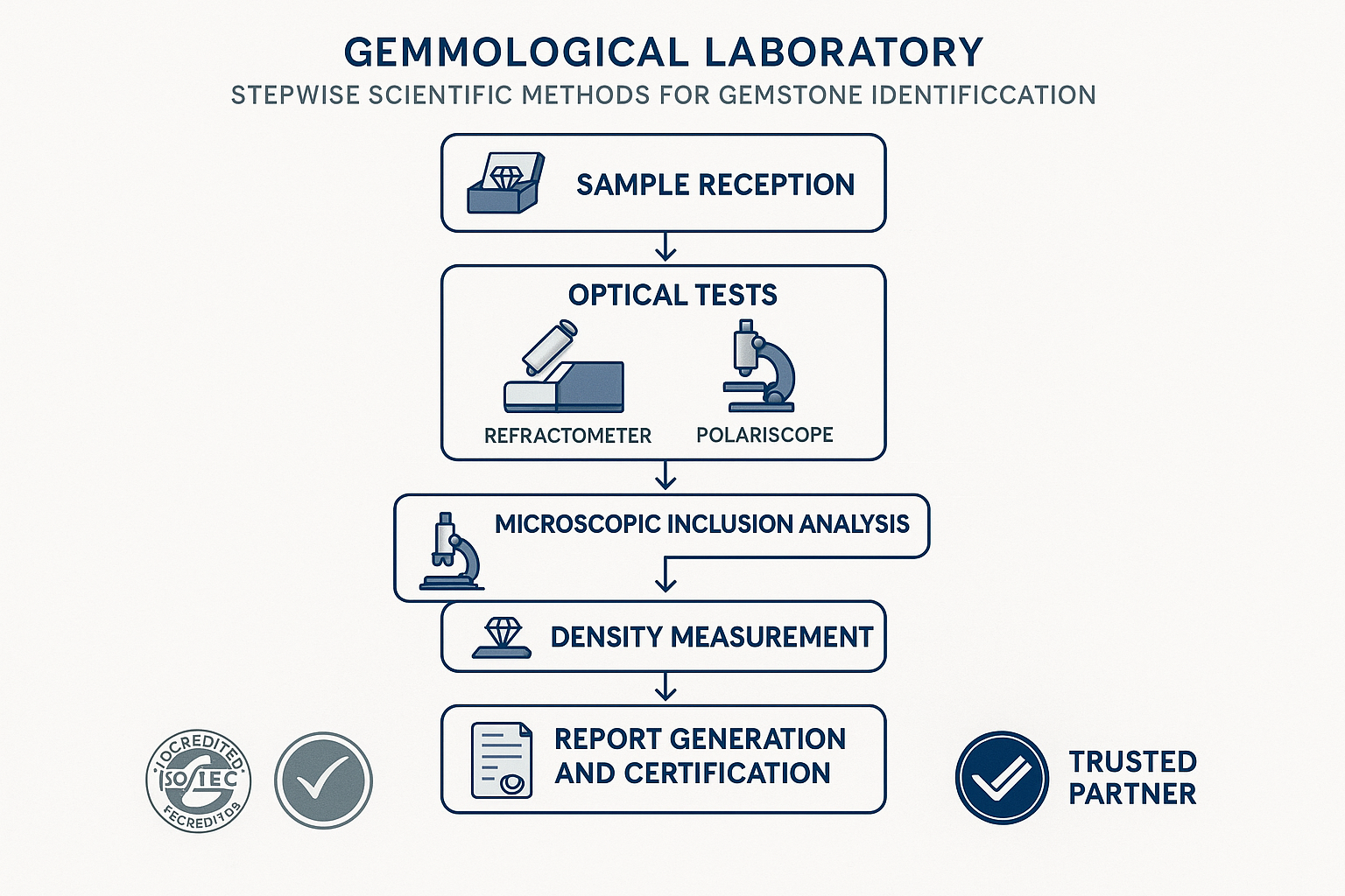 Visualisierung des präzisen Ablaufes zur Edelsteinanalyse im Labor – schafft Vertrauen in unsere wissenschaftliche Expertise und transparente Methodik.