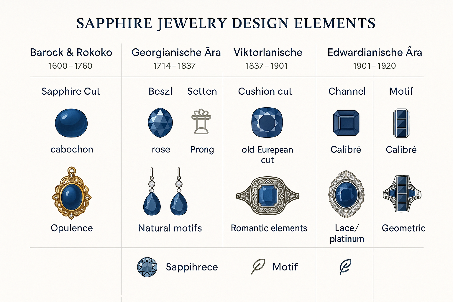 Visuelle Gegenüberstellung charakteristischer Saphirschmuckelemente über fünf historische Epochen hinweg – unverzichtbar für fundierte Stilentscheidungen bei Vintage-Saphirschmuck.