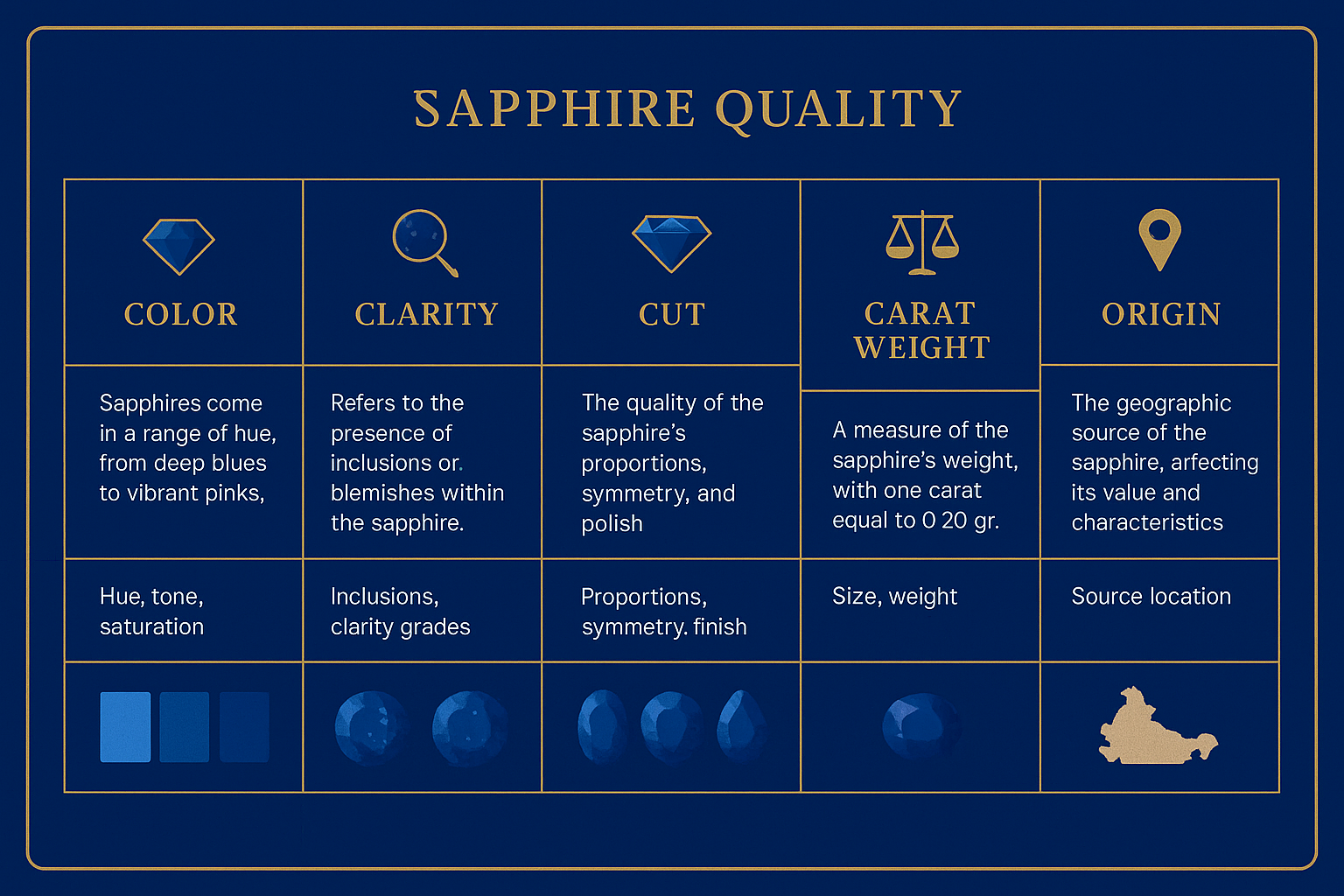A clear, concise comparison of sapphire quality factors empowers buyers to evaluate essential attributes side-by-side, facilitating informed and confident gemstone selection.