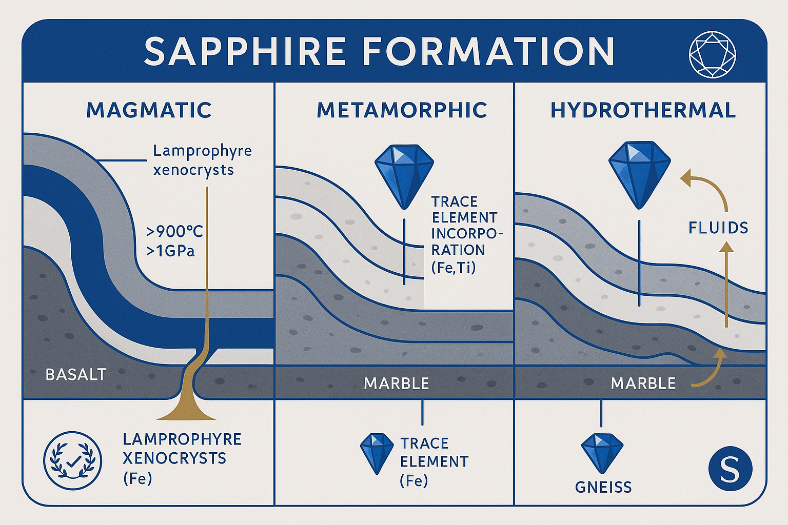 Visual differentiation of primary in-situ sapphire deposits and secondary alluvial sources simplifies complex geological concepts, aiding confident evaluation of sapphire origin and quality.