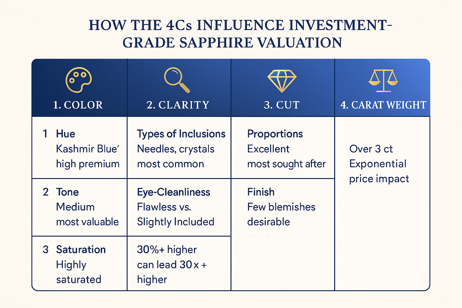 Clear comparison of the 4Cs highlights how each quality factor uniquely drives investment value in sapphires, simplifying complex appraisal criteria at a glance.