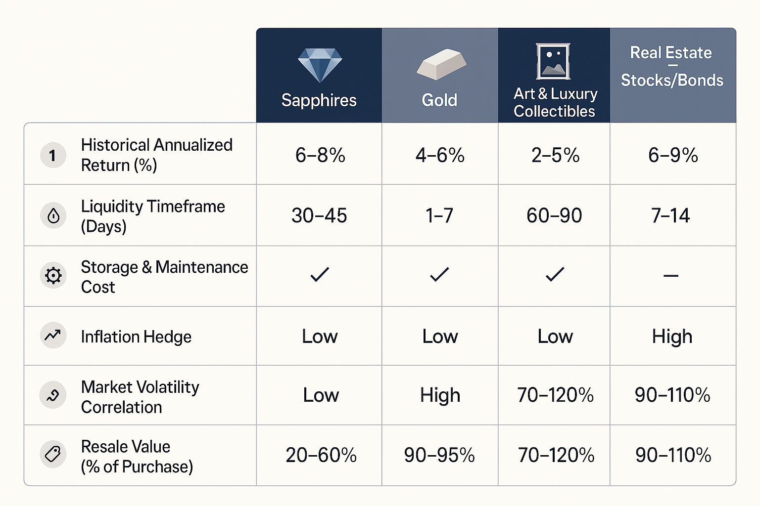 Side-by-side comparison of sapphires with gold, art, and real estate highlights unique investment benefits and trade-offs for diversified portfolios.