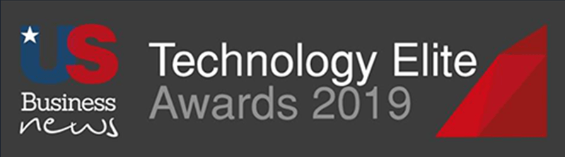 US Business News Technology Elite Awards 2019 logo with a red triangular design on a dark background.