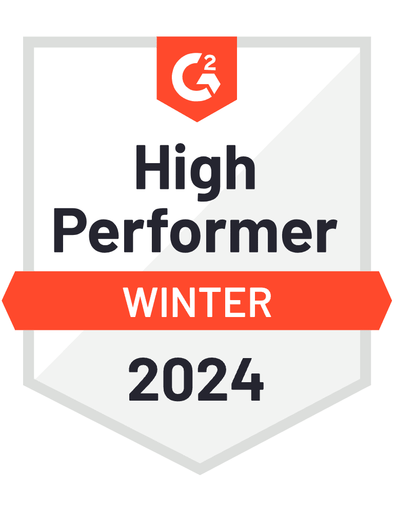 G2 High Performer Winter 2024 badge with white and orange design.