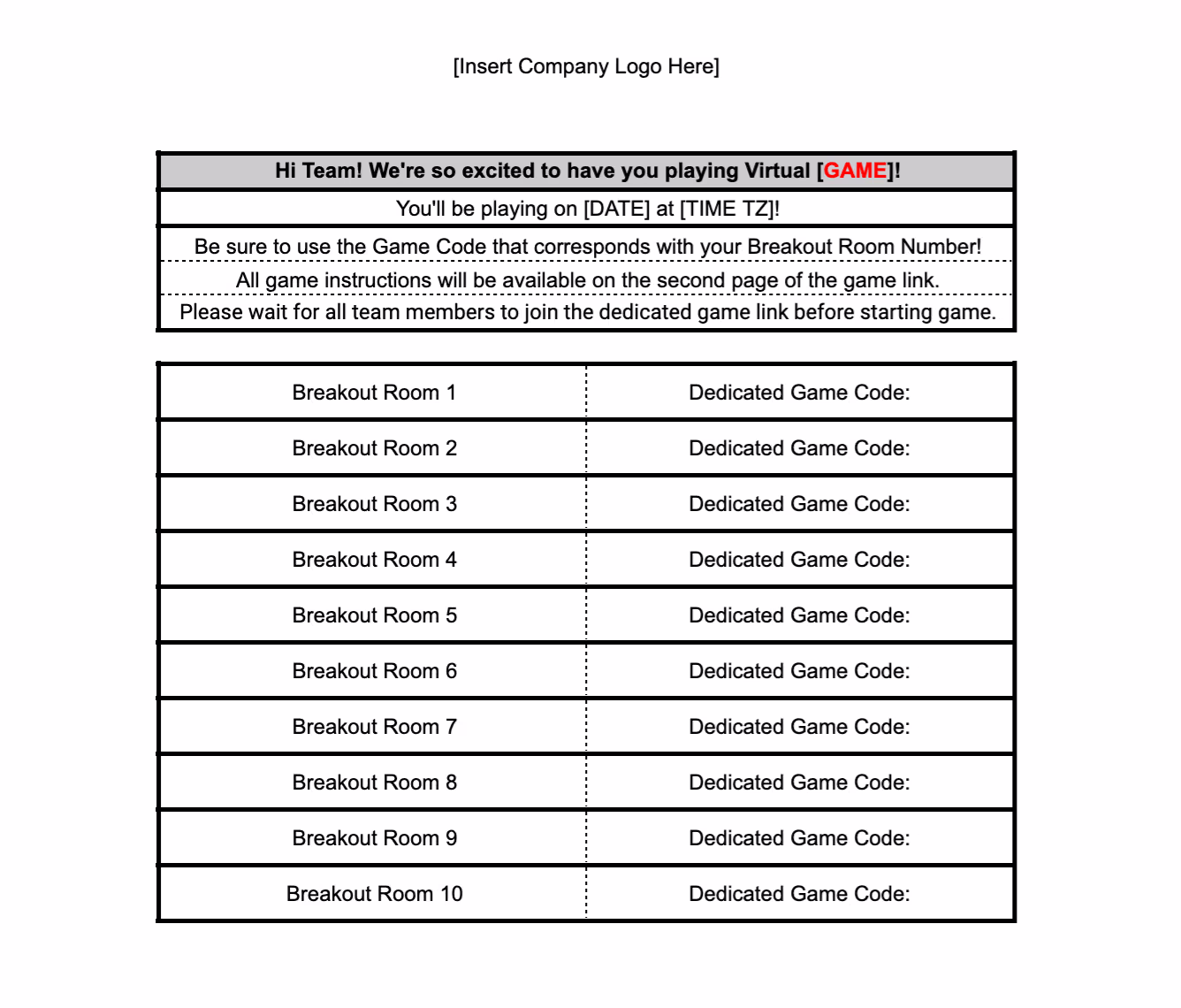 Game Link Sheet for Virtual Games