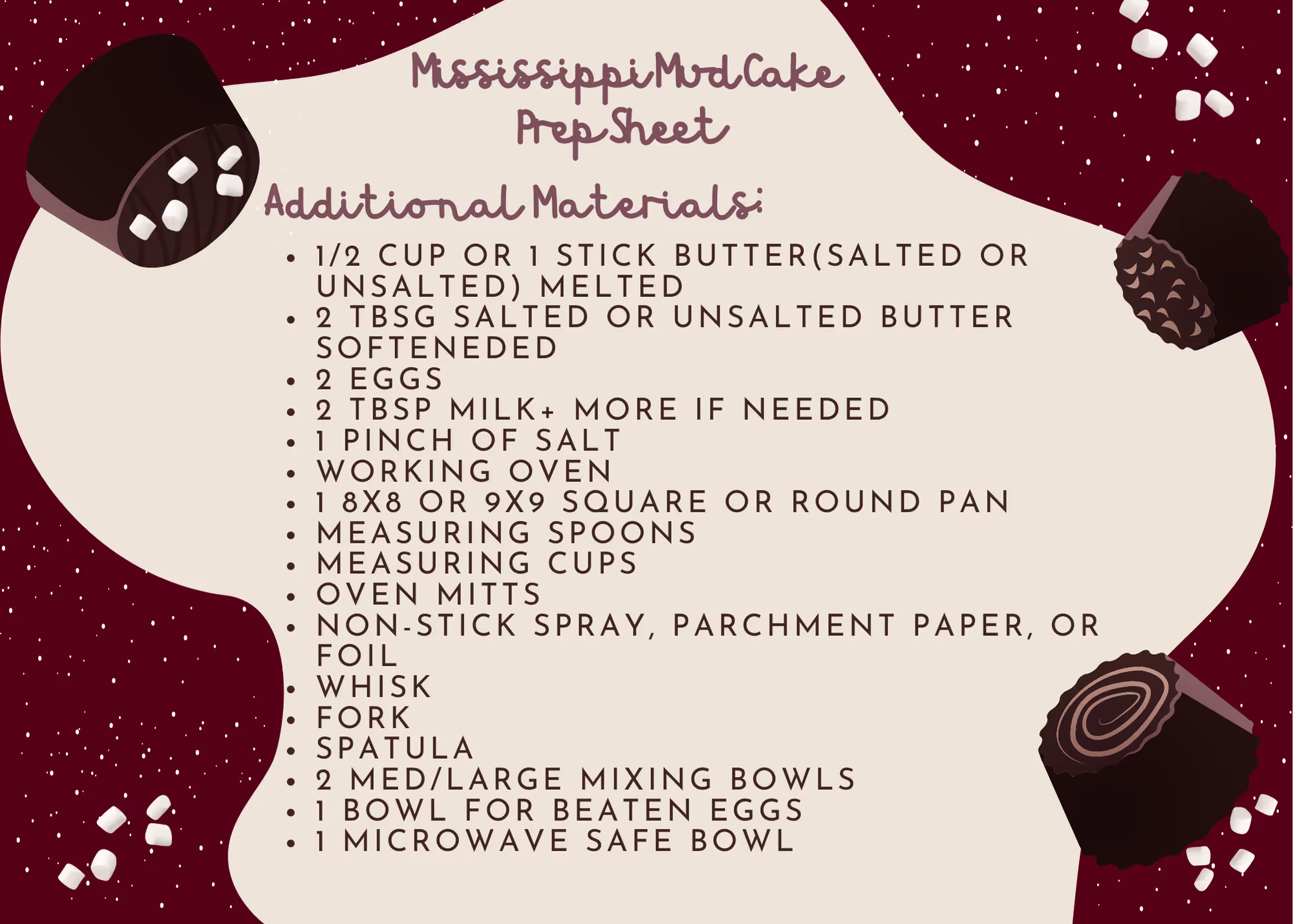 Mississippi Mud Cake Holiday Prep List