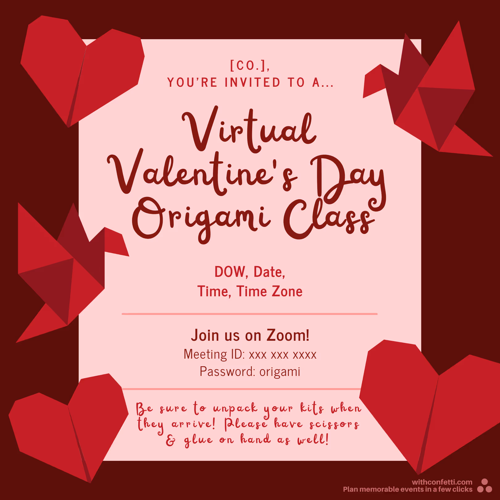 Valentine's Day Origami Class - Event Invitation Sample