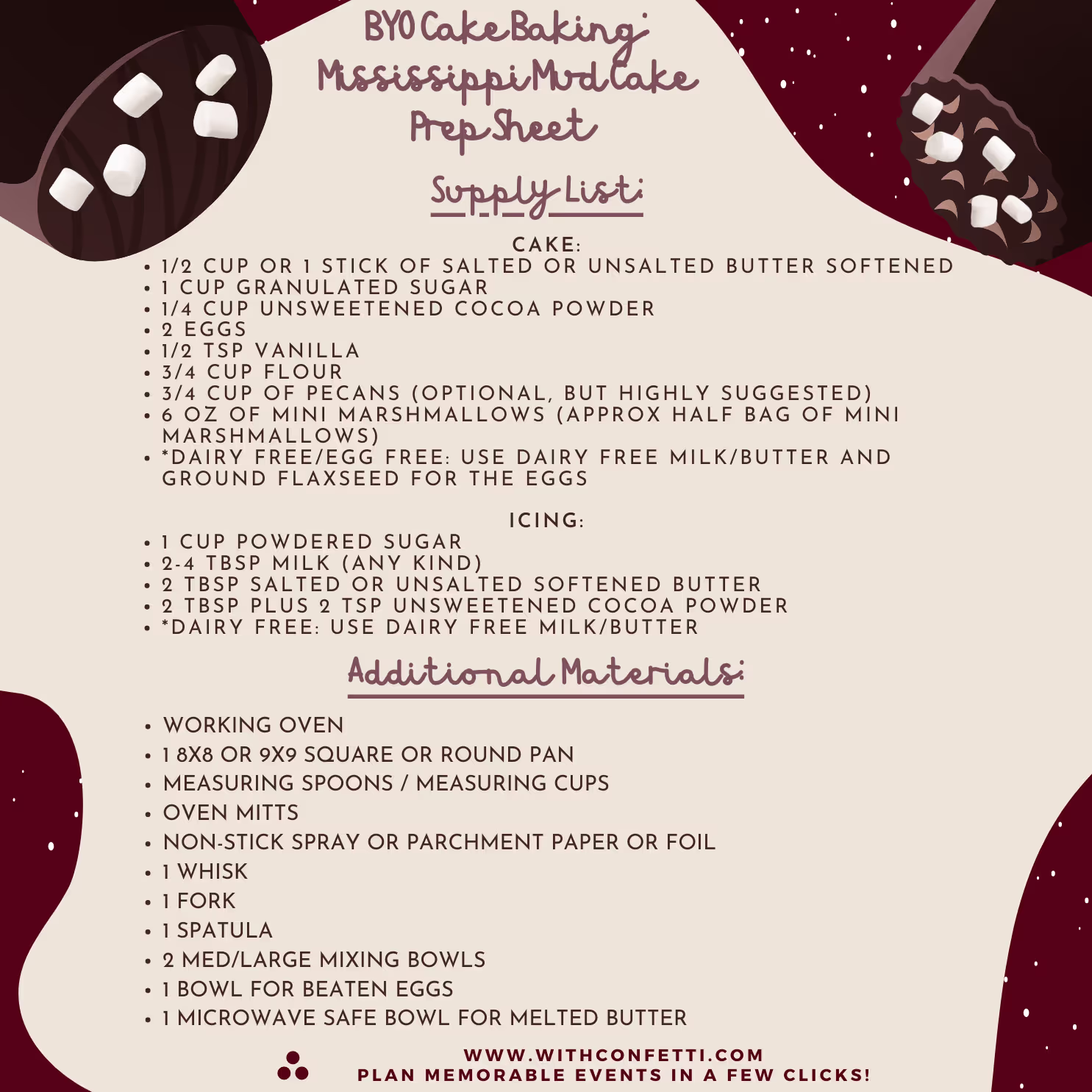 Mississippi Mud Cake Prep List