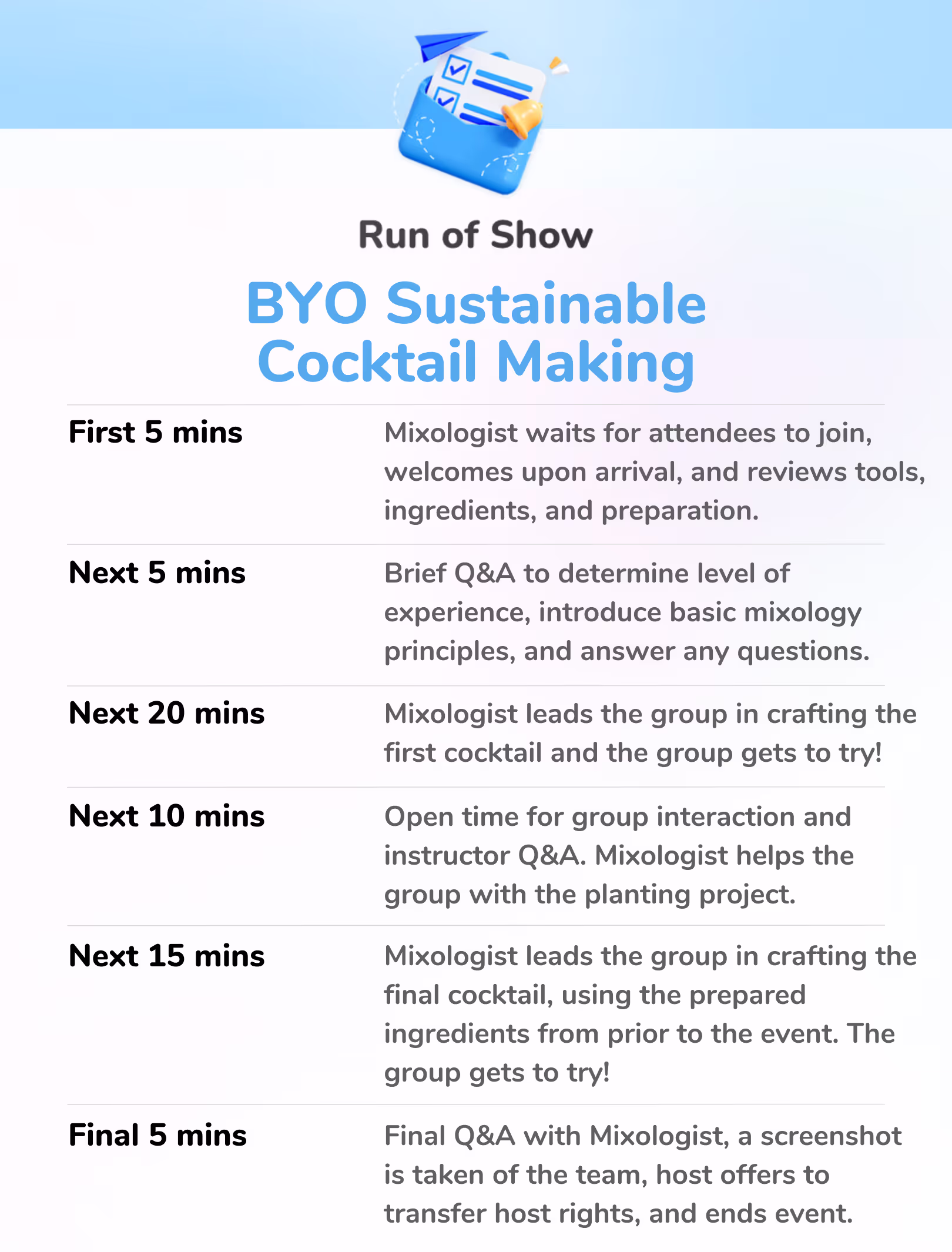 BYO Sustainable Cocktail Making Class - Run of Show