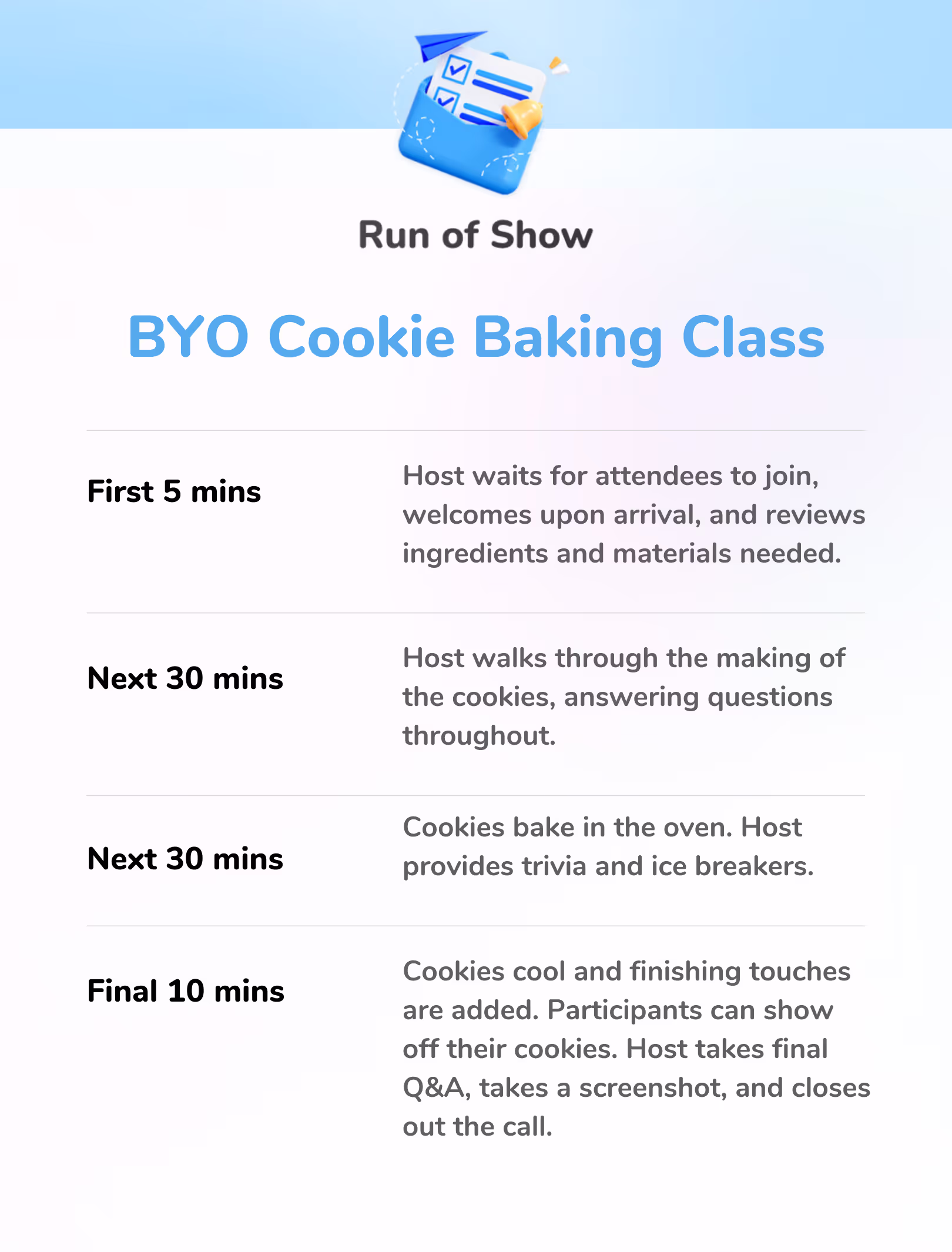 BYO Cookie Baking Class - Run of Show 