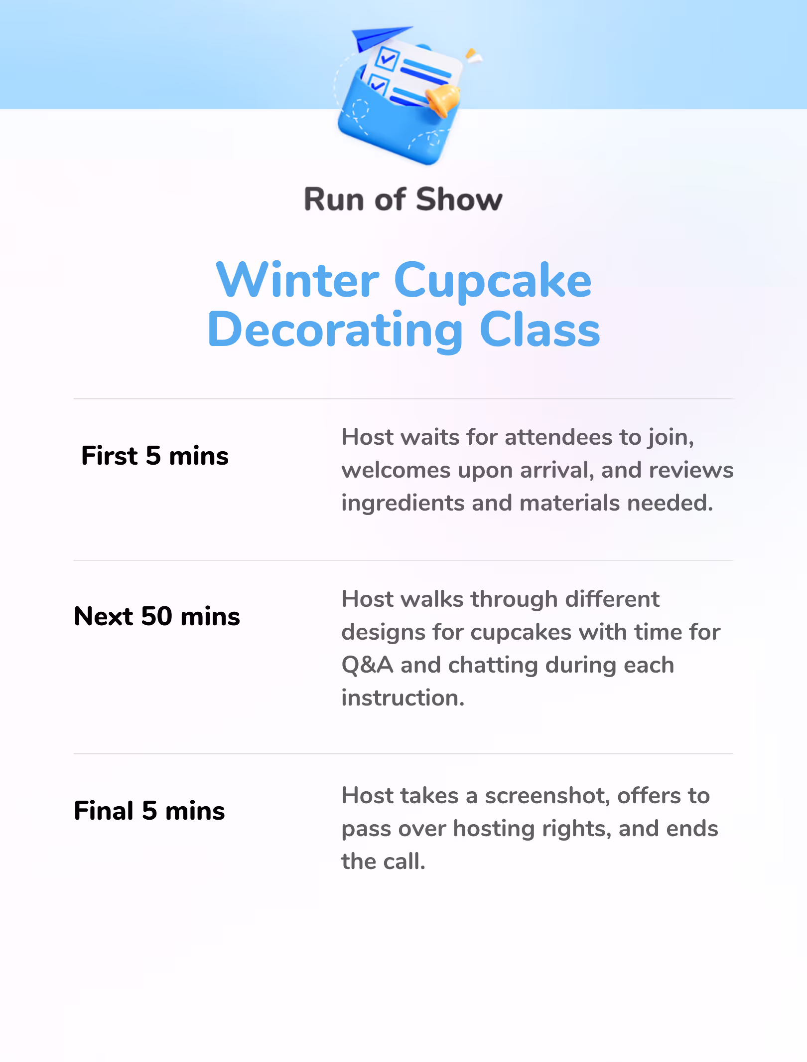 Winter Cupcake Decorating - Run of Show