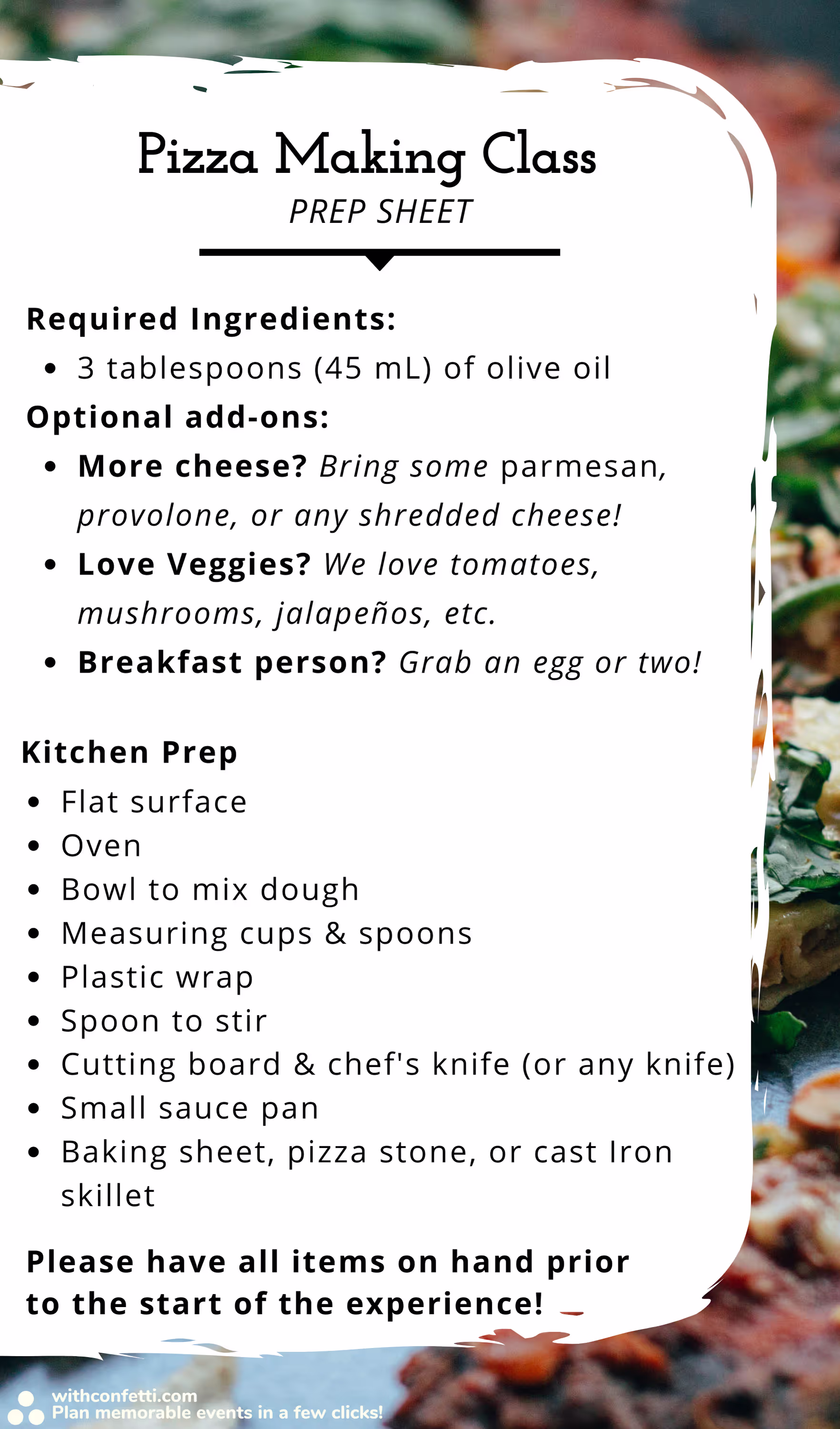 Pizza Making Class Prep List