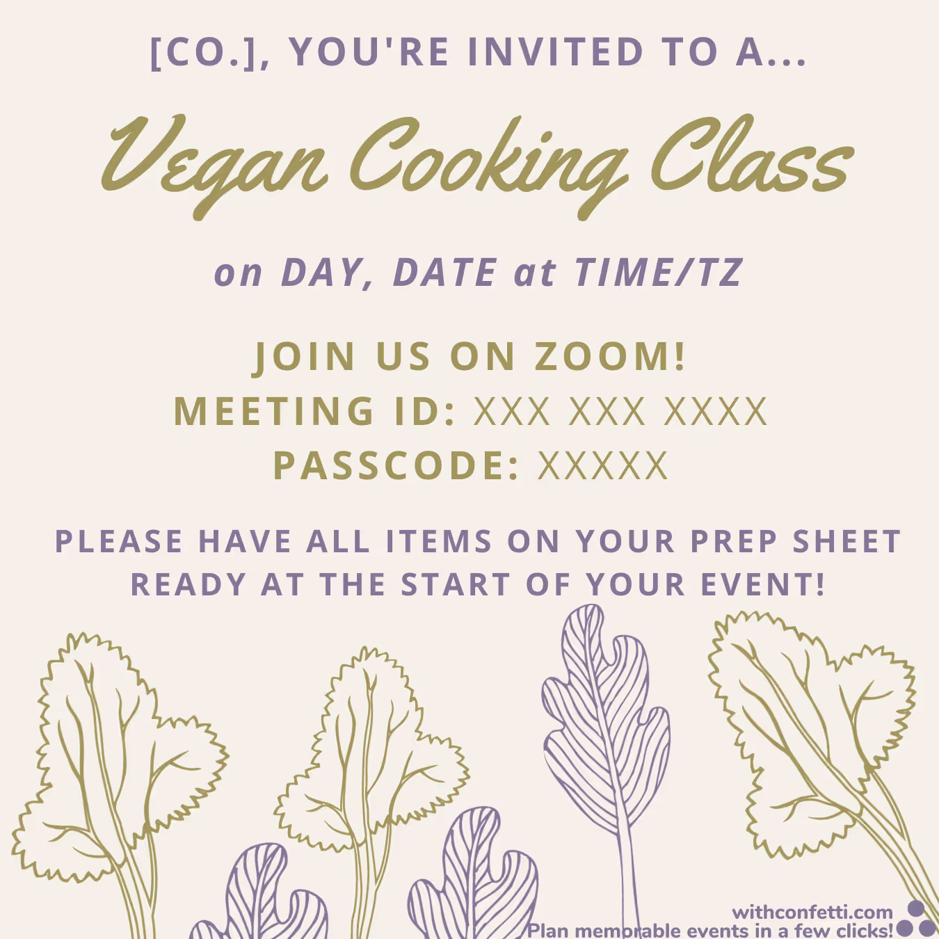 BYO Vegan Cooking Class - Event Invitation Sample
