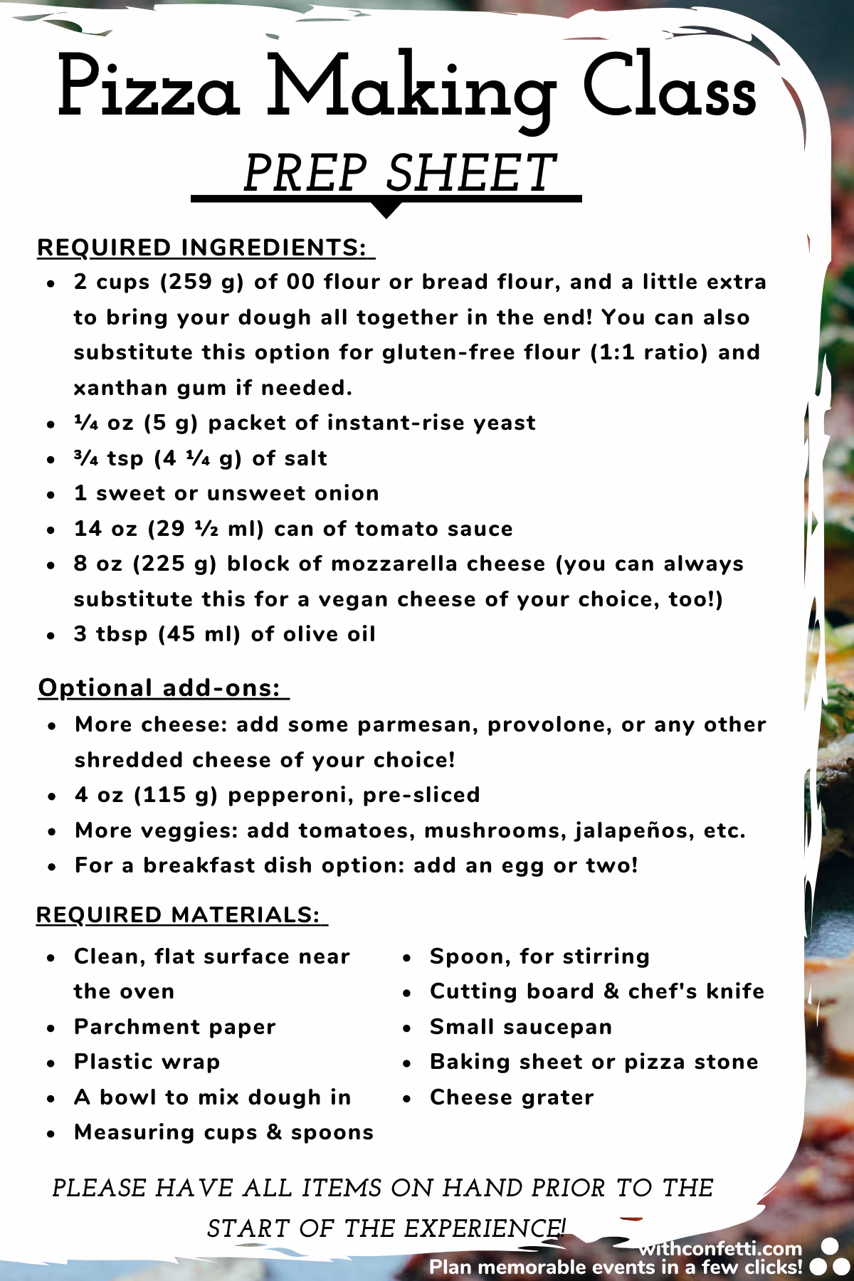 BYO Pizza Making Class Prep List