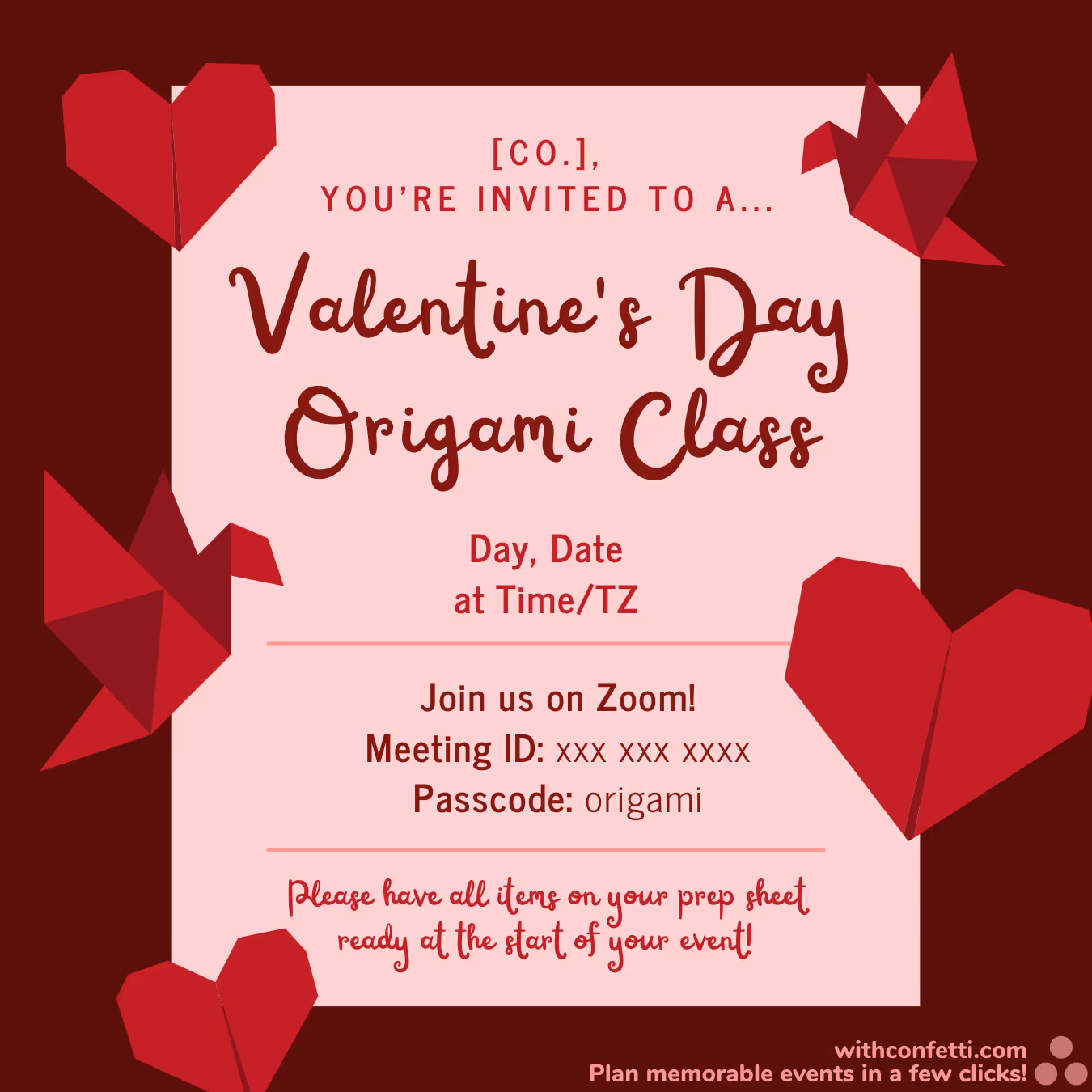 BYO Valentine's Day Origami Class - Event Invitation Sample