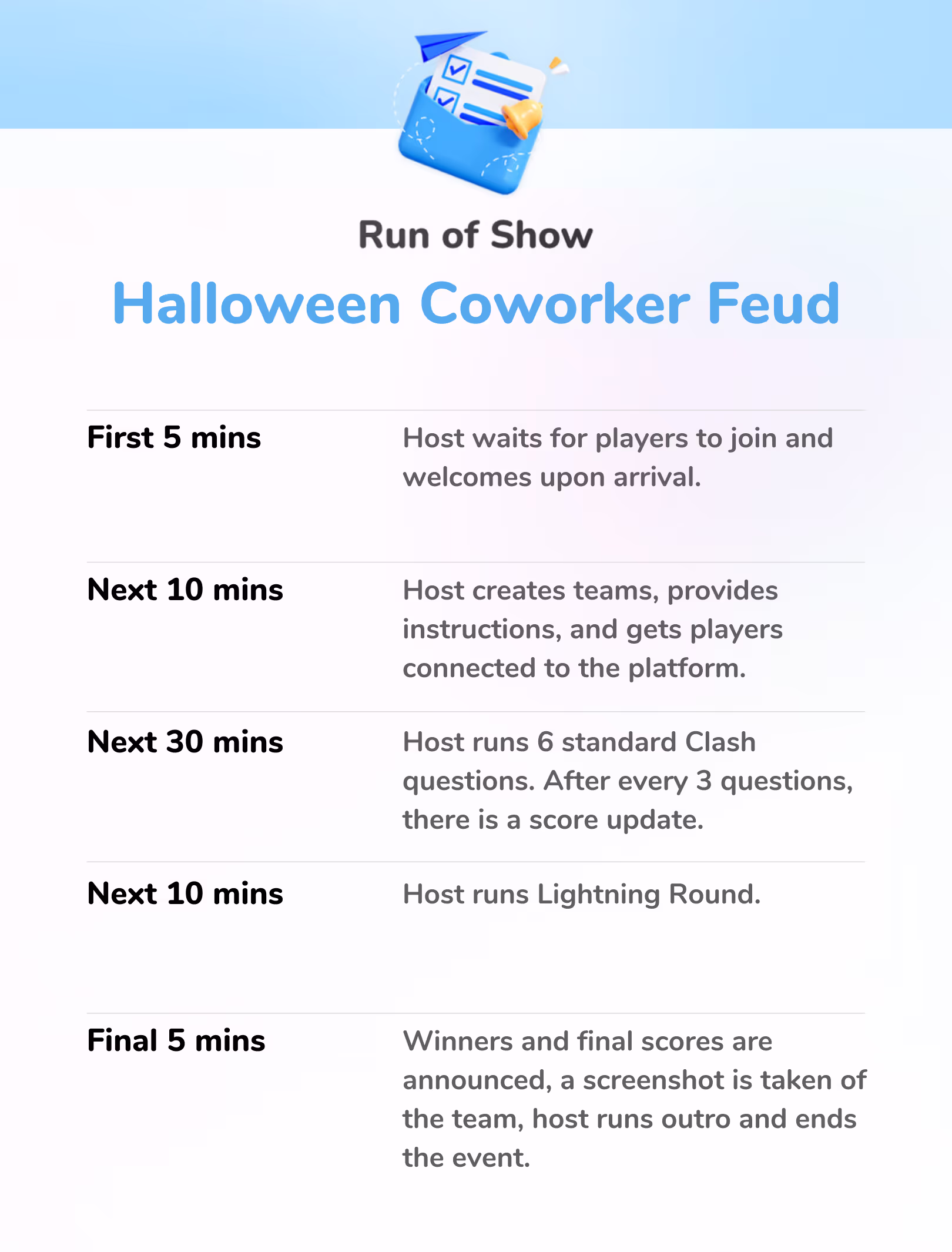 Halloween Coworker Clash - Run of Show