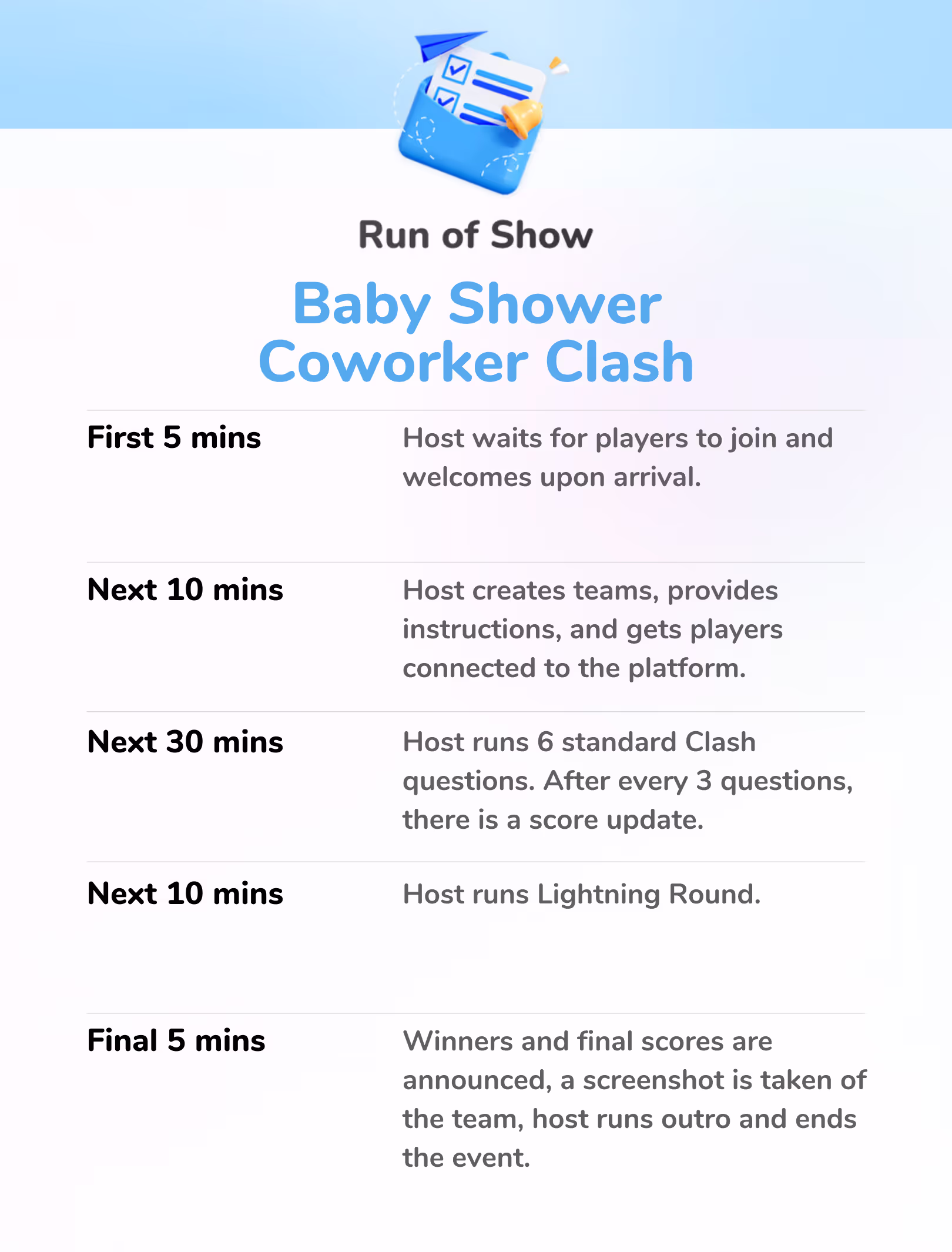 Baby Shower Coworker Clash - Run of Show