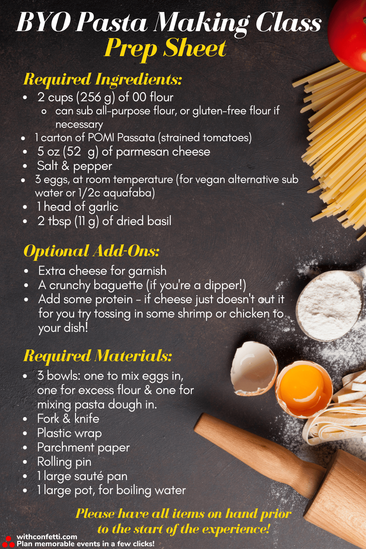 BYO Pasta Making Class Prep List