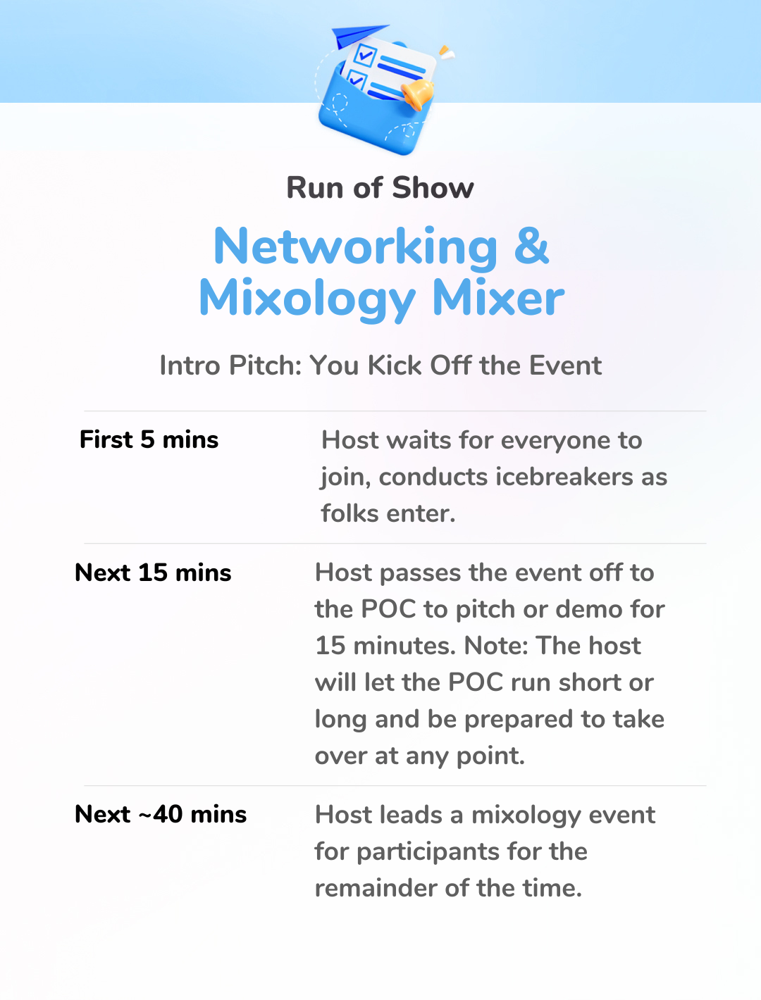 Mixology & Networking Mixer - Run of Show