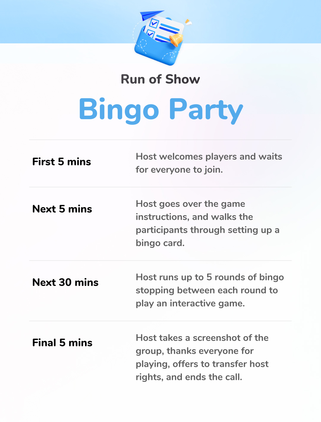 Bingo Party - Run of Show