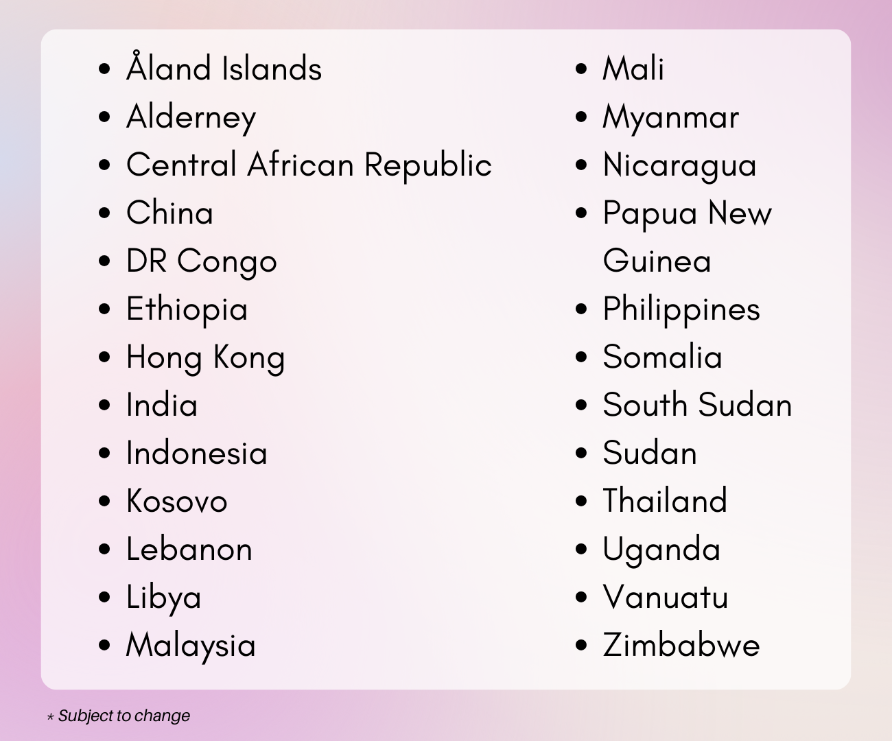 Gift Card Limited Availability Countries