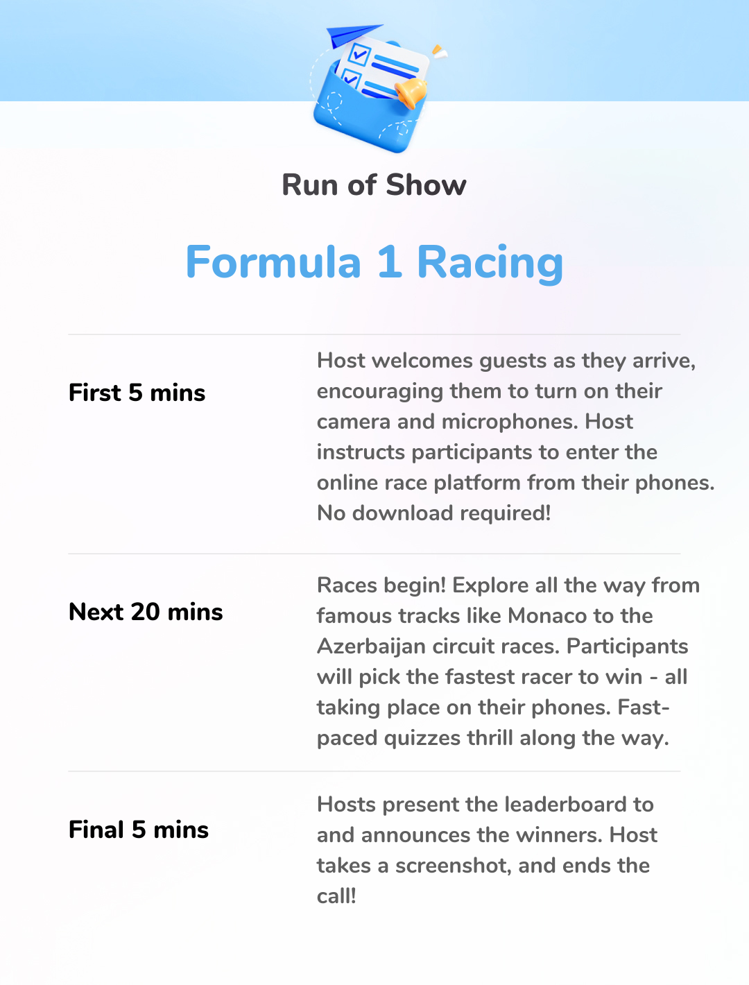 Virtual F1 Racing - 30-Min Run of Show