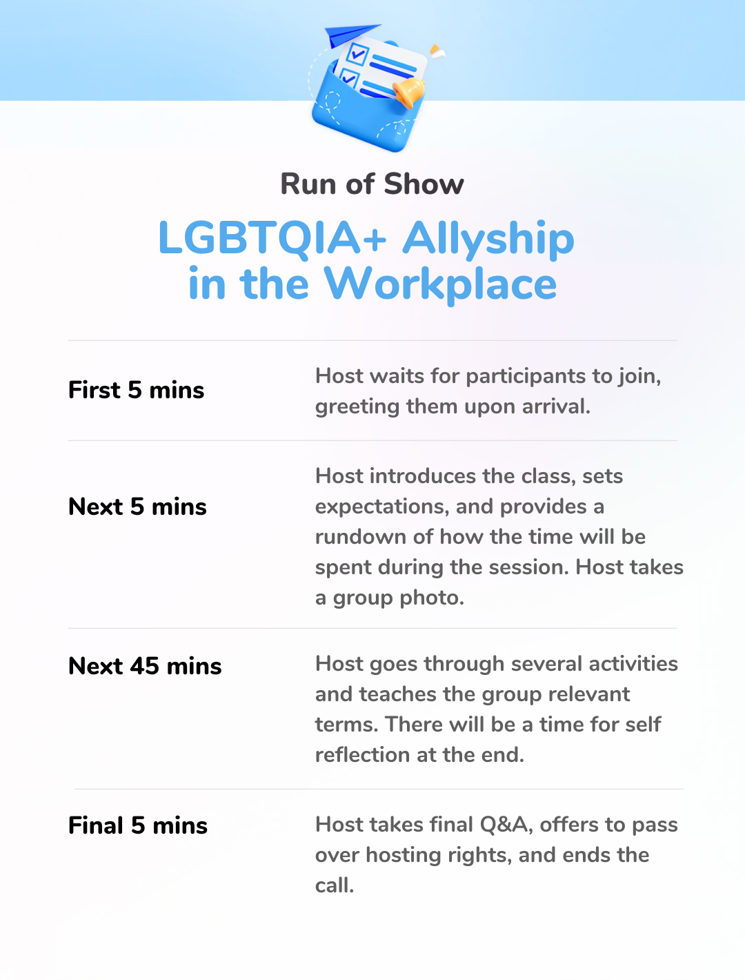 LGBTQIA+ Allyship in the Workplace - Run of Show