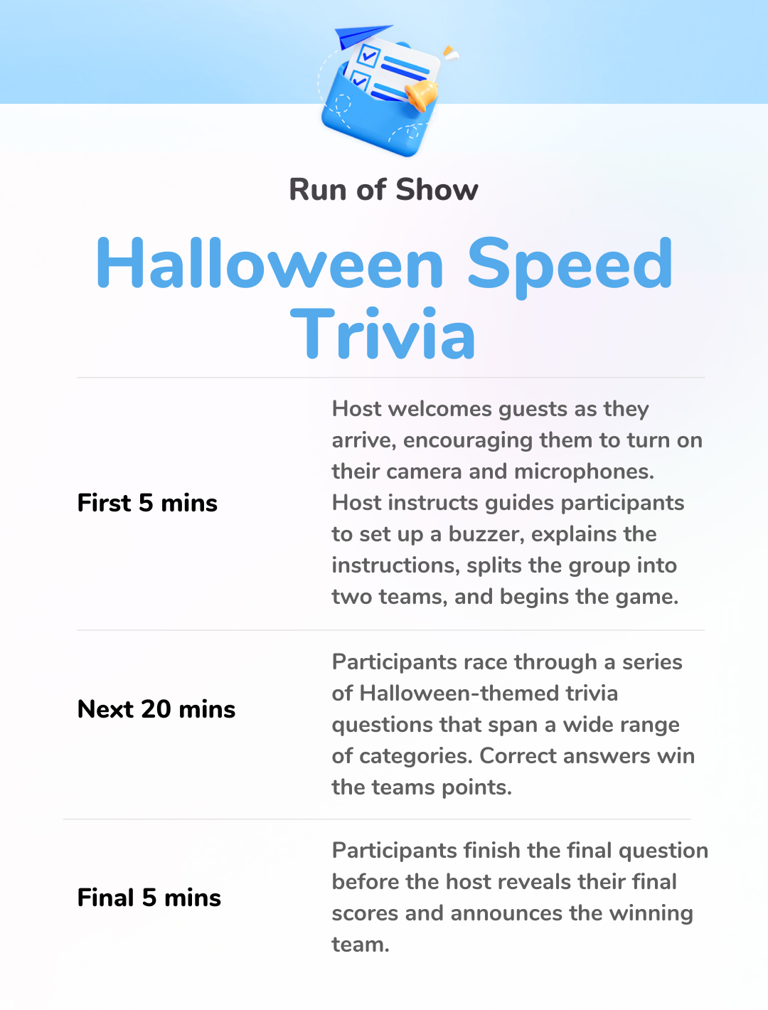 Halloween Speed Trivia Run of Show
