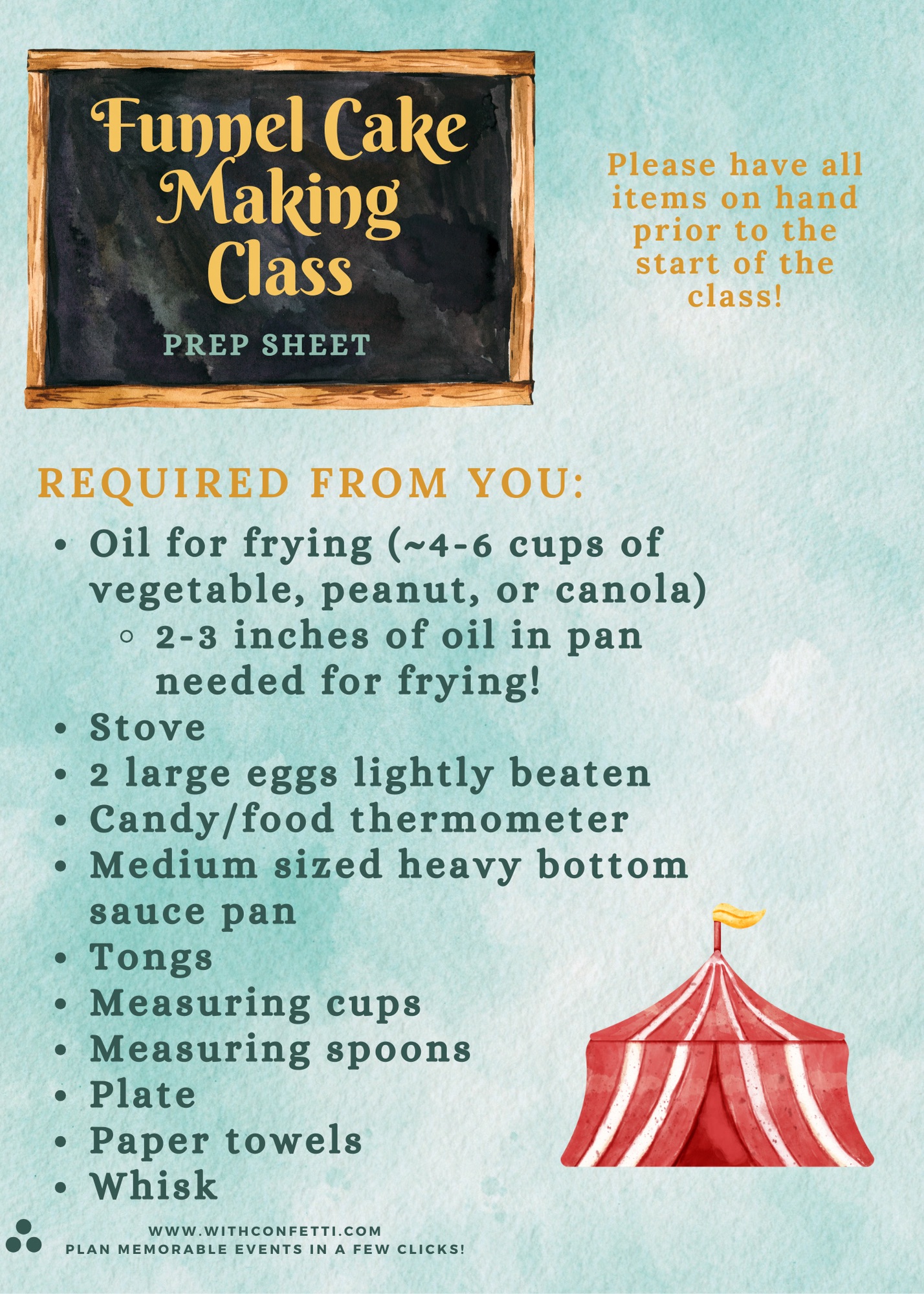 Funnel Cake Class Ingredient & Supply List