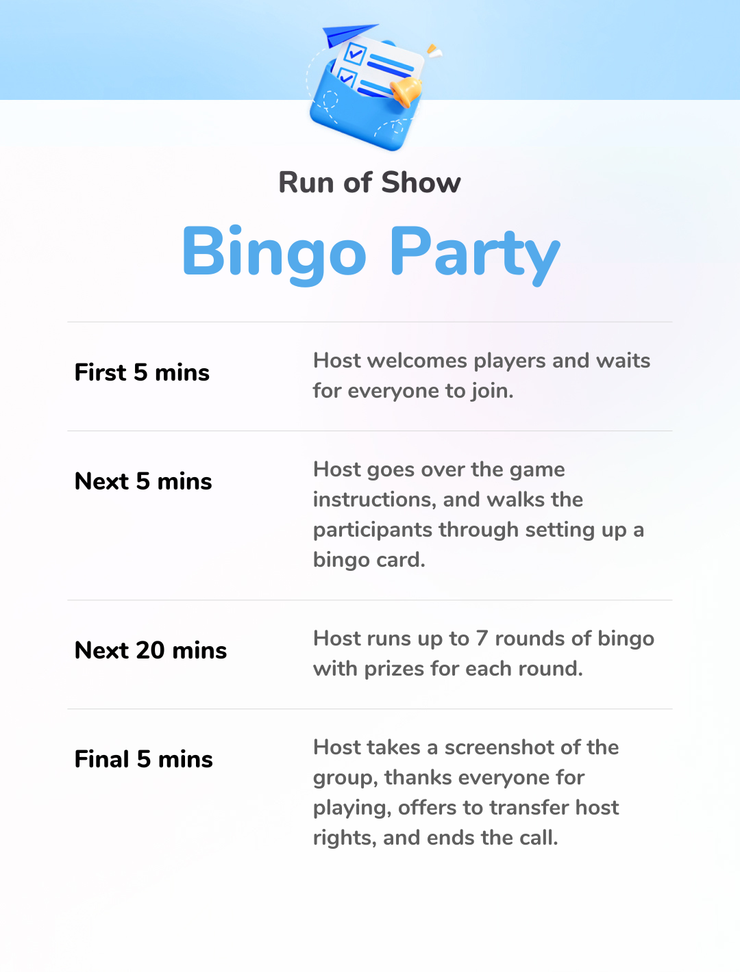 Bingo Party - Run of Show