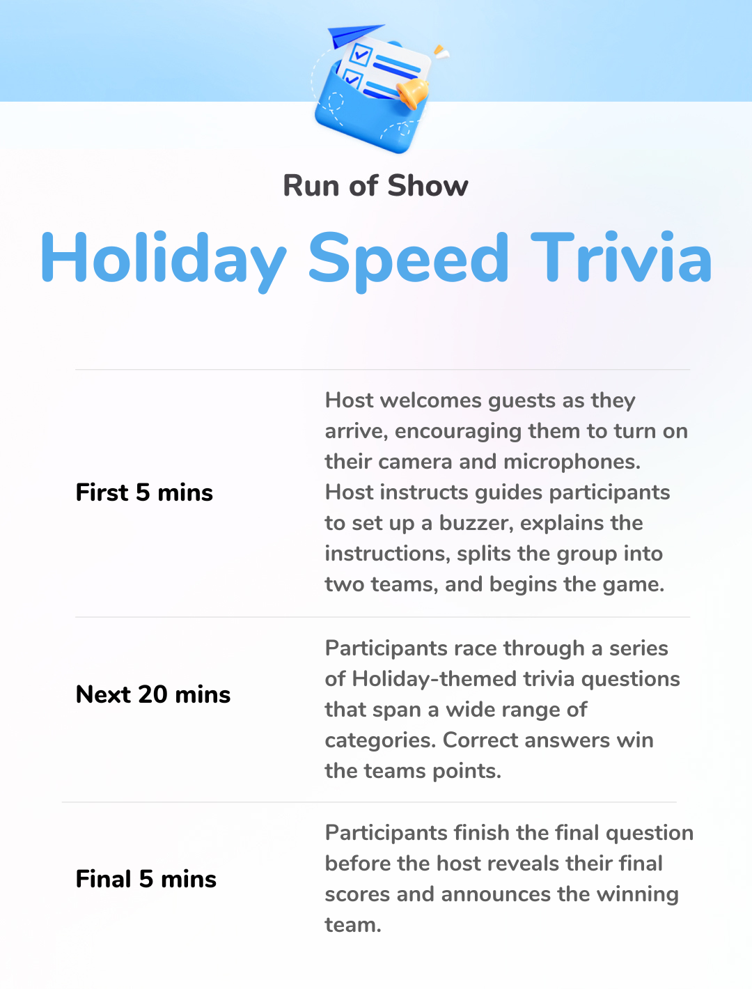 Holiday Speed Trivia - Run of Show