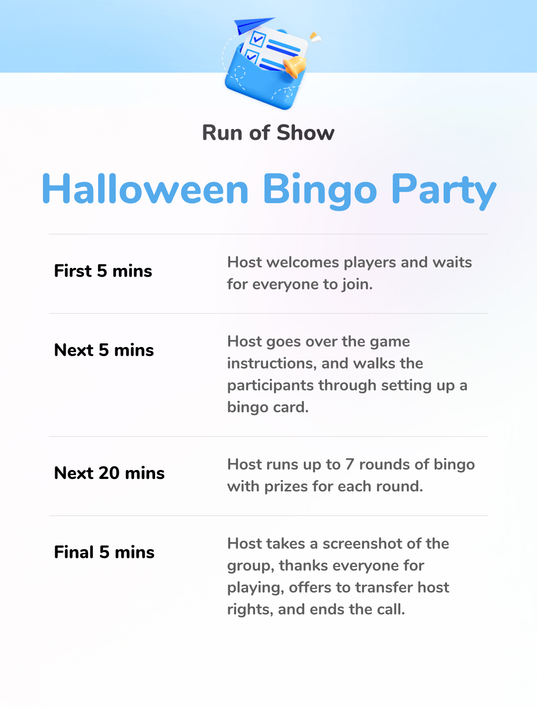 Halloween Bingo Party - Run of Show