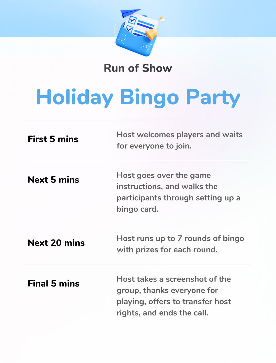 Holiday Bingo Party - Run of Show