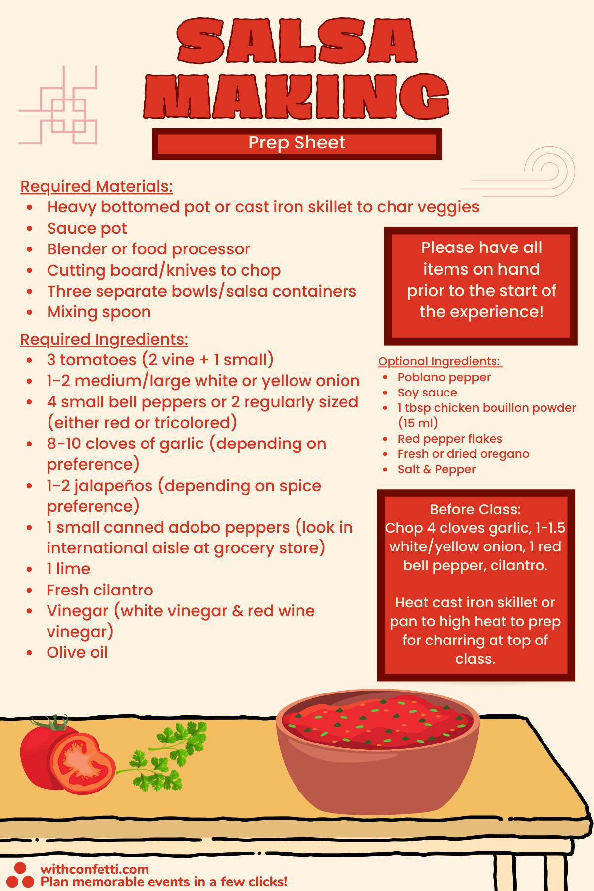 BYO Salsa Making Class Prep List