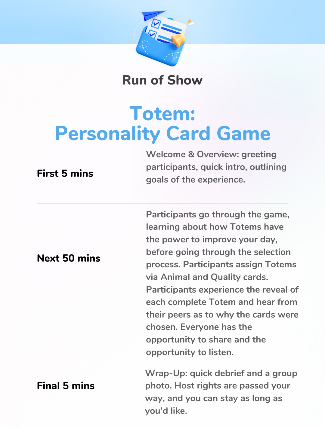 Totem: Personality Card Game Run of Show