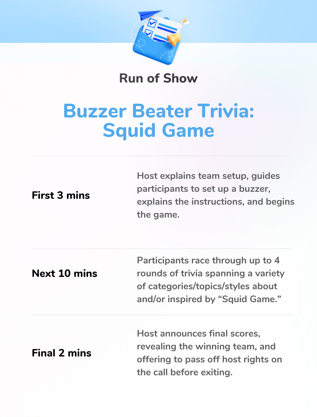 Buzzer Beater: Squid Games Edition - Run of Show