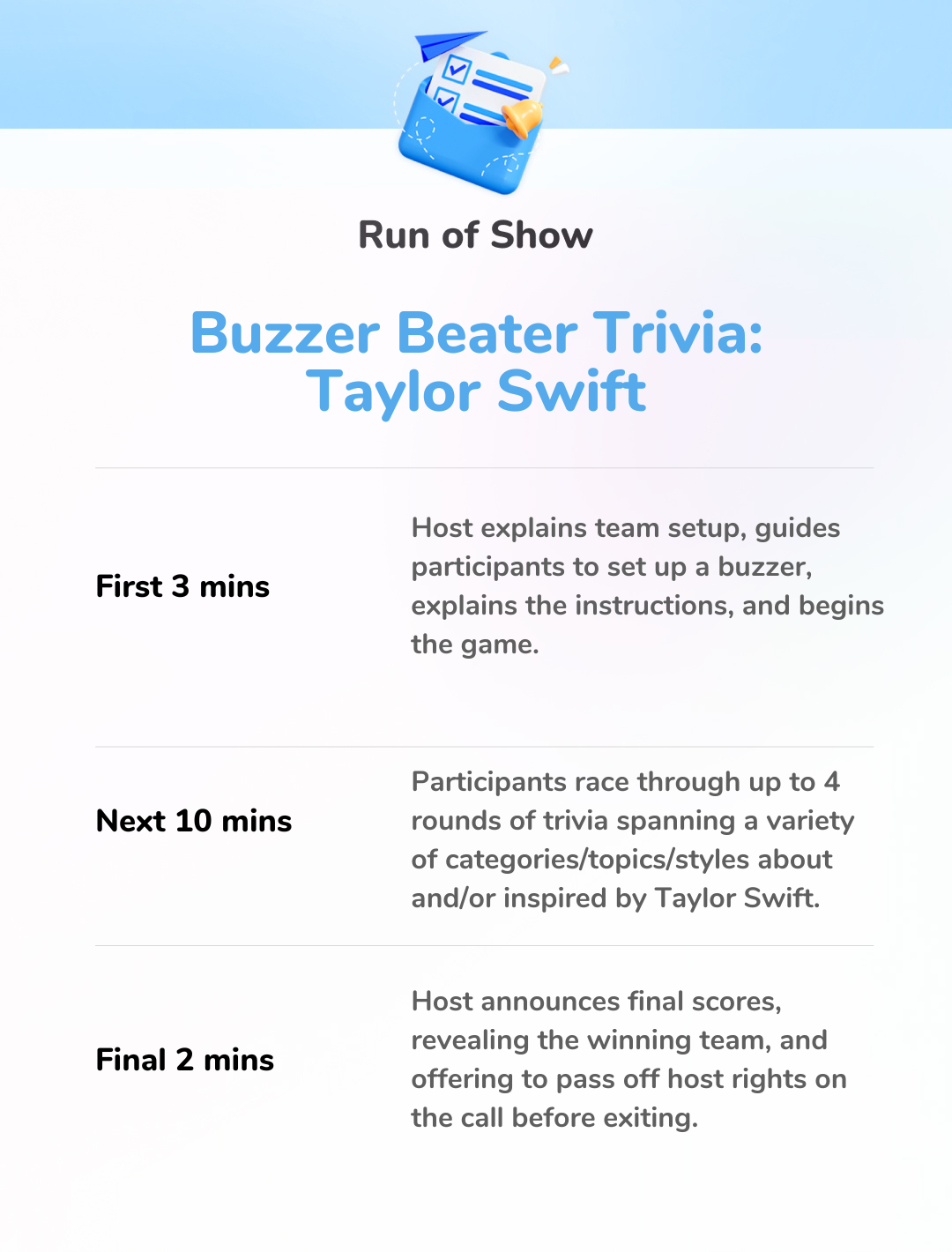 Buzzer Beater: Taylor Swift Edition - Run of Show