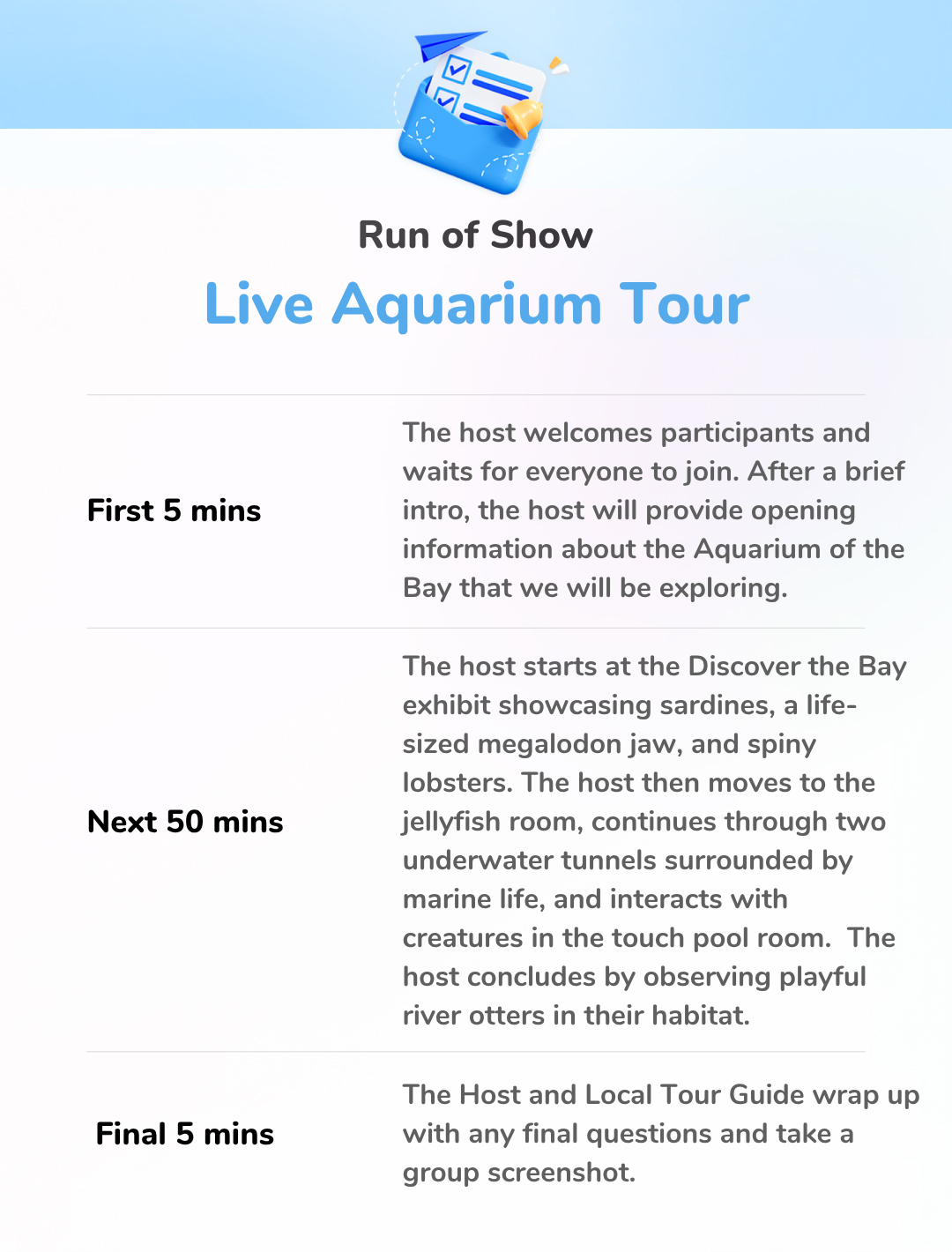 Live Aquarium Tour - Run of Show