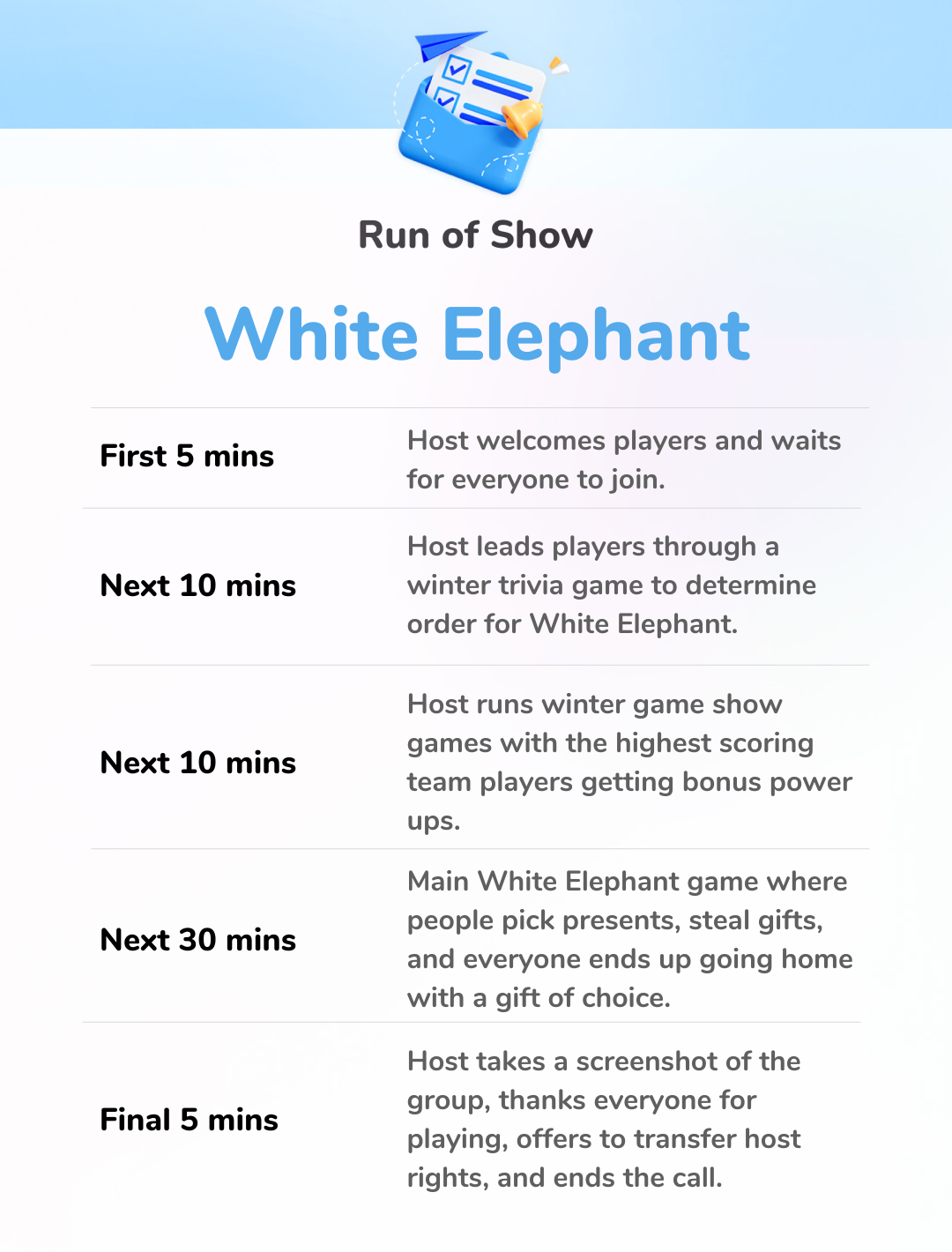 White Elephant Party - Run of Show