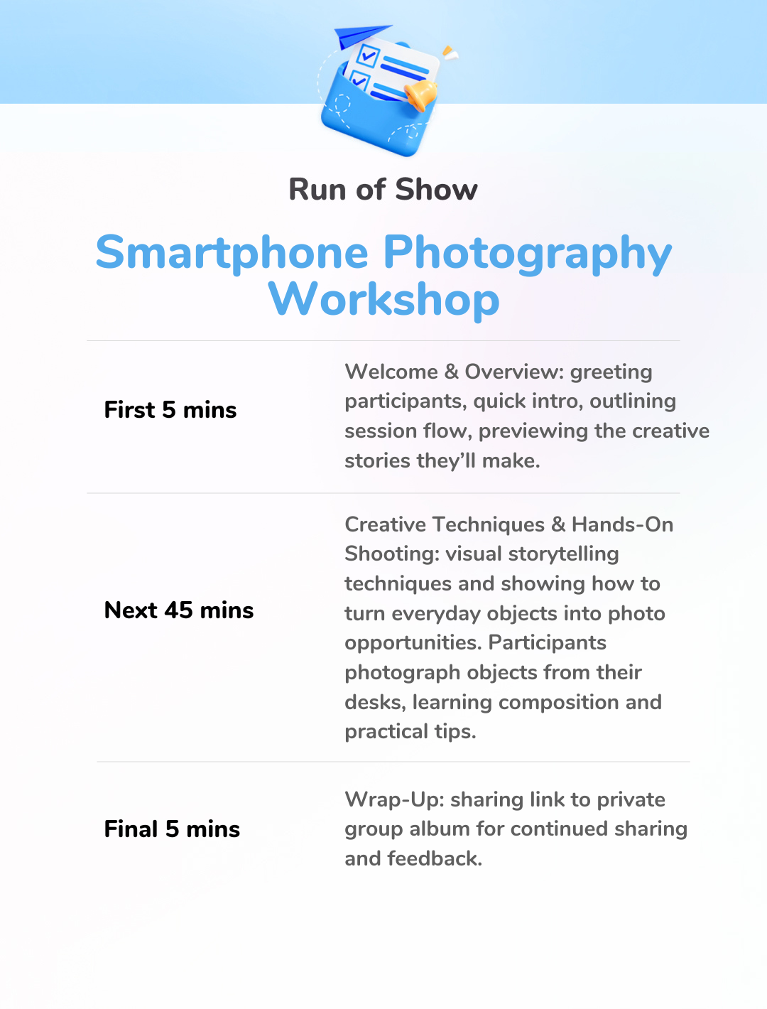 Smartphone Photography Workshop Run of Show